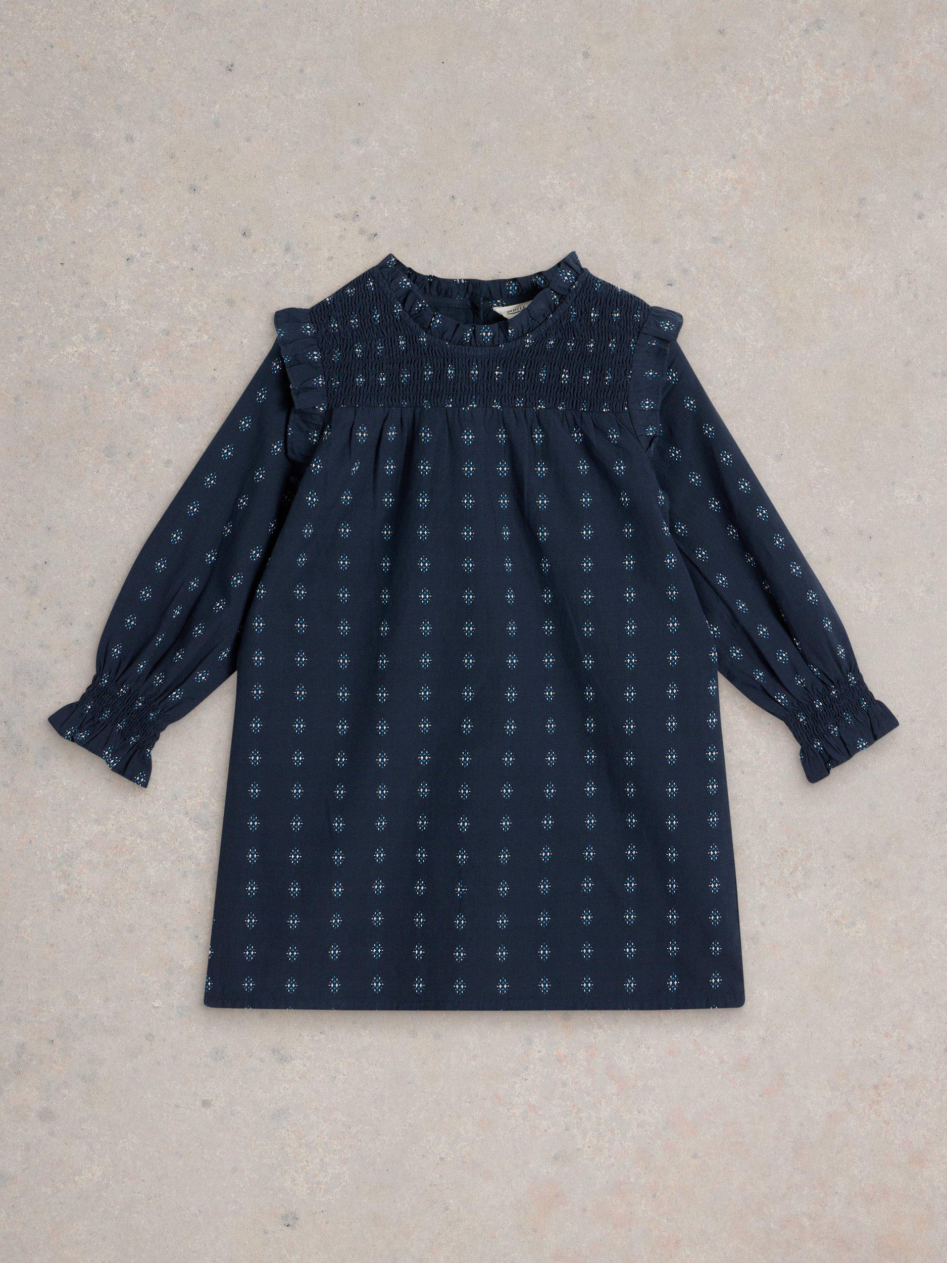 White Stuff Kids' Camille Dobby Organic Cotton Frill Dress, Dark Navy