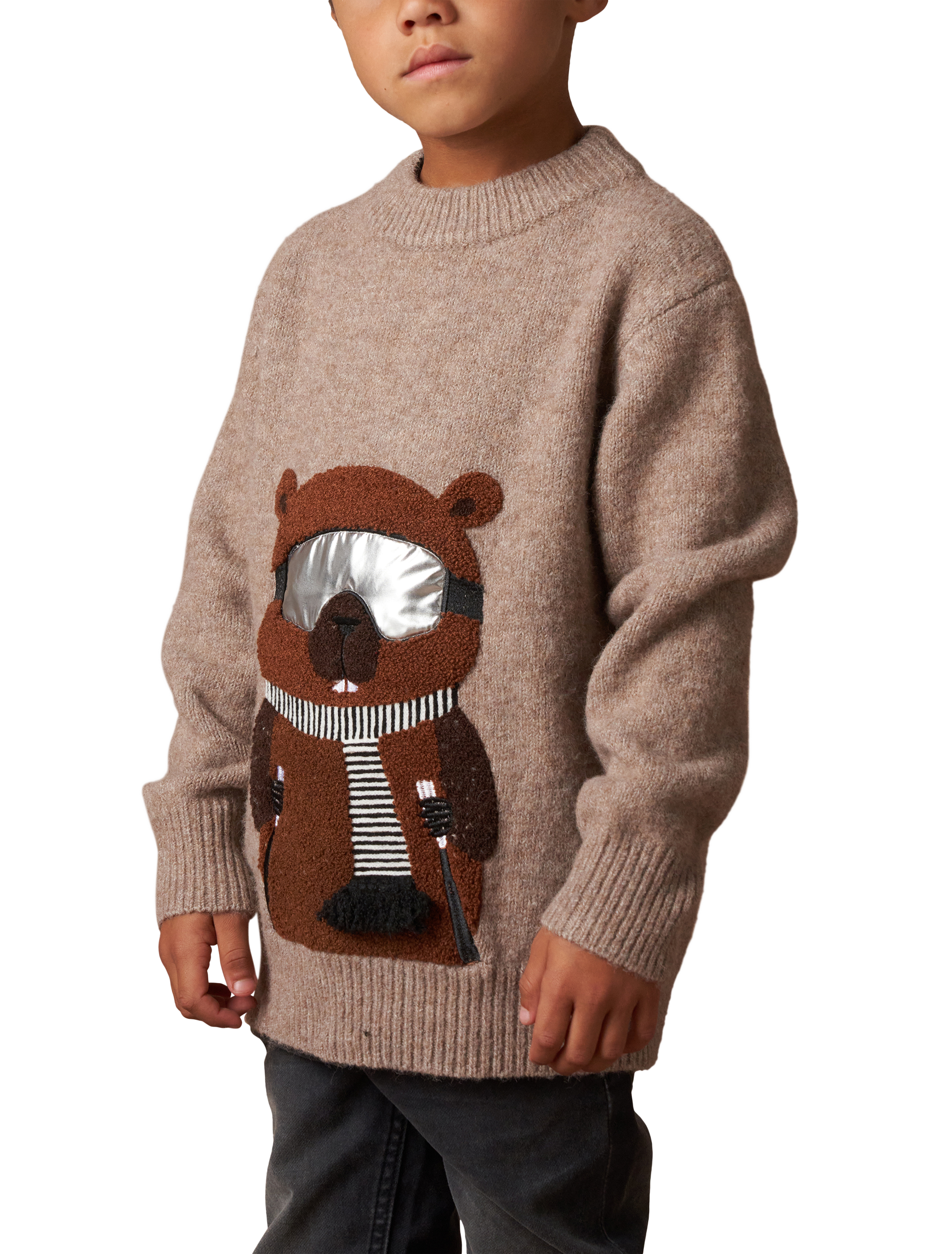 Product image 1 of 7, which shows Angel & Rocket Kids' Ski Beaver Knit Jumper, Brown/Multi, 2-3 years