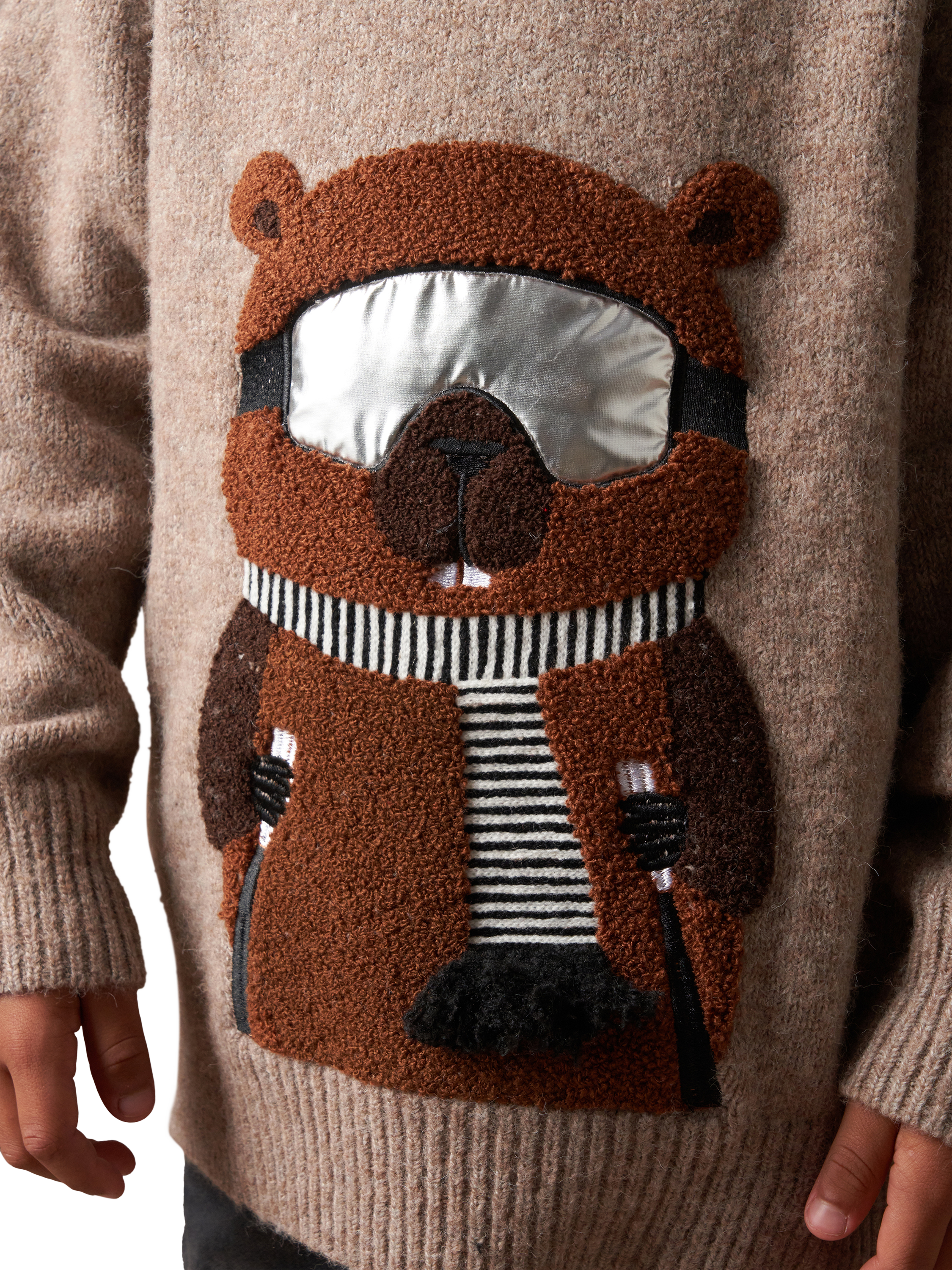 Product image 2 of 7, which shows Angel & Rocket Kids' Ski Beaver Knit Jumper, Brown/Multi, 2-3 years