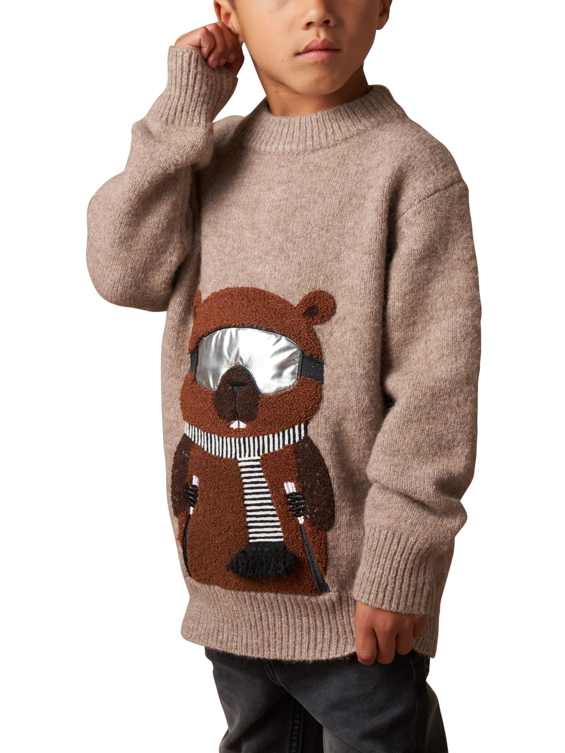 Product image 3 of 7, which shows Angel & Rocket Kids' Ski Beaver Knit Jumper, Brown/Multi, 2-3 years