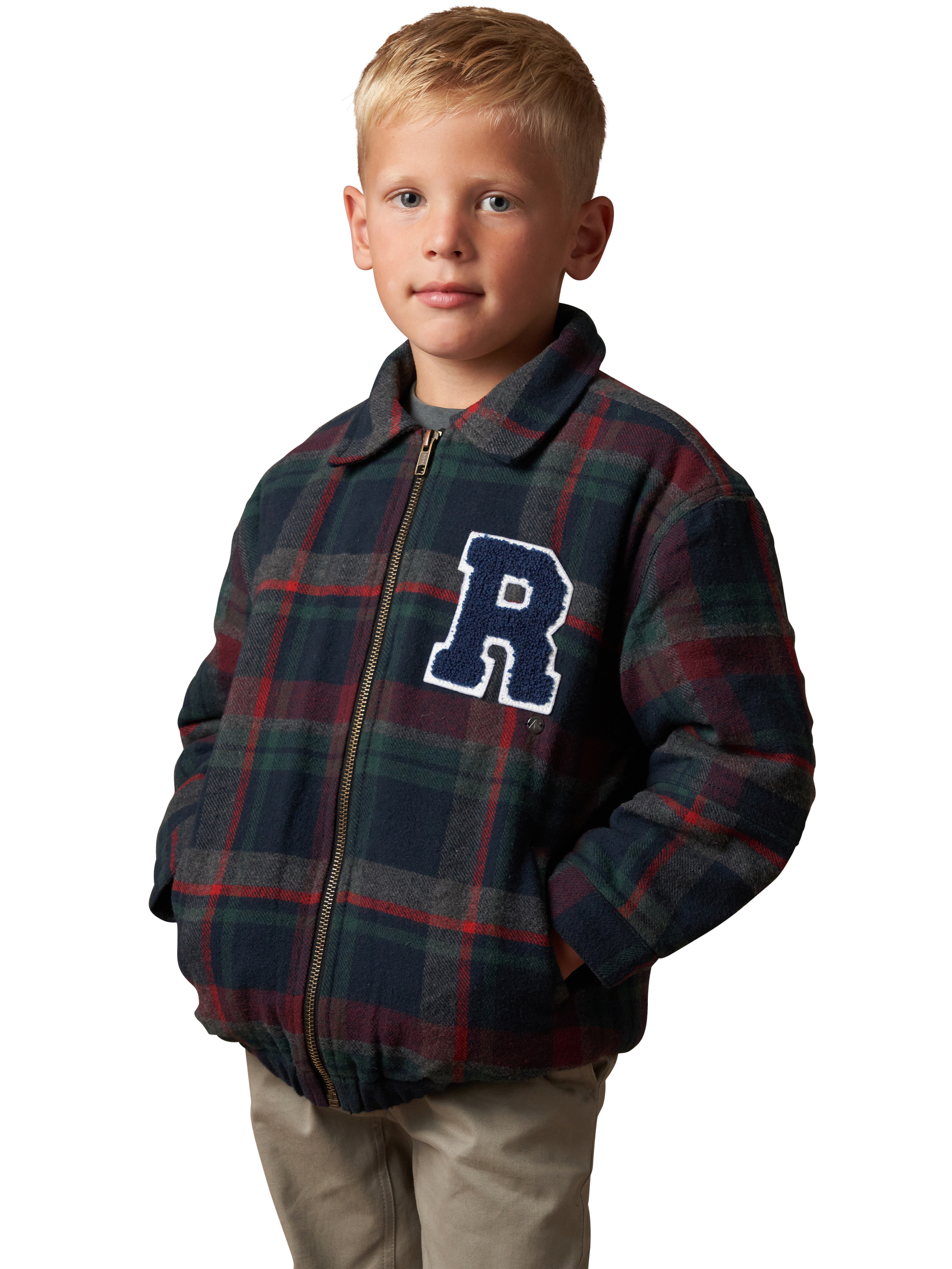 Product image 1 of 6, which shows Angel & Rocket Kids' Check Collegiate Jacket, Navy/Multi, 3 years