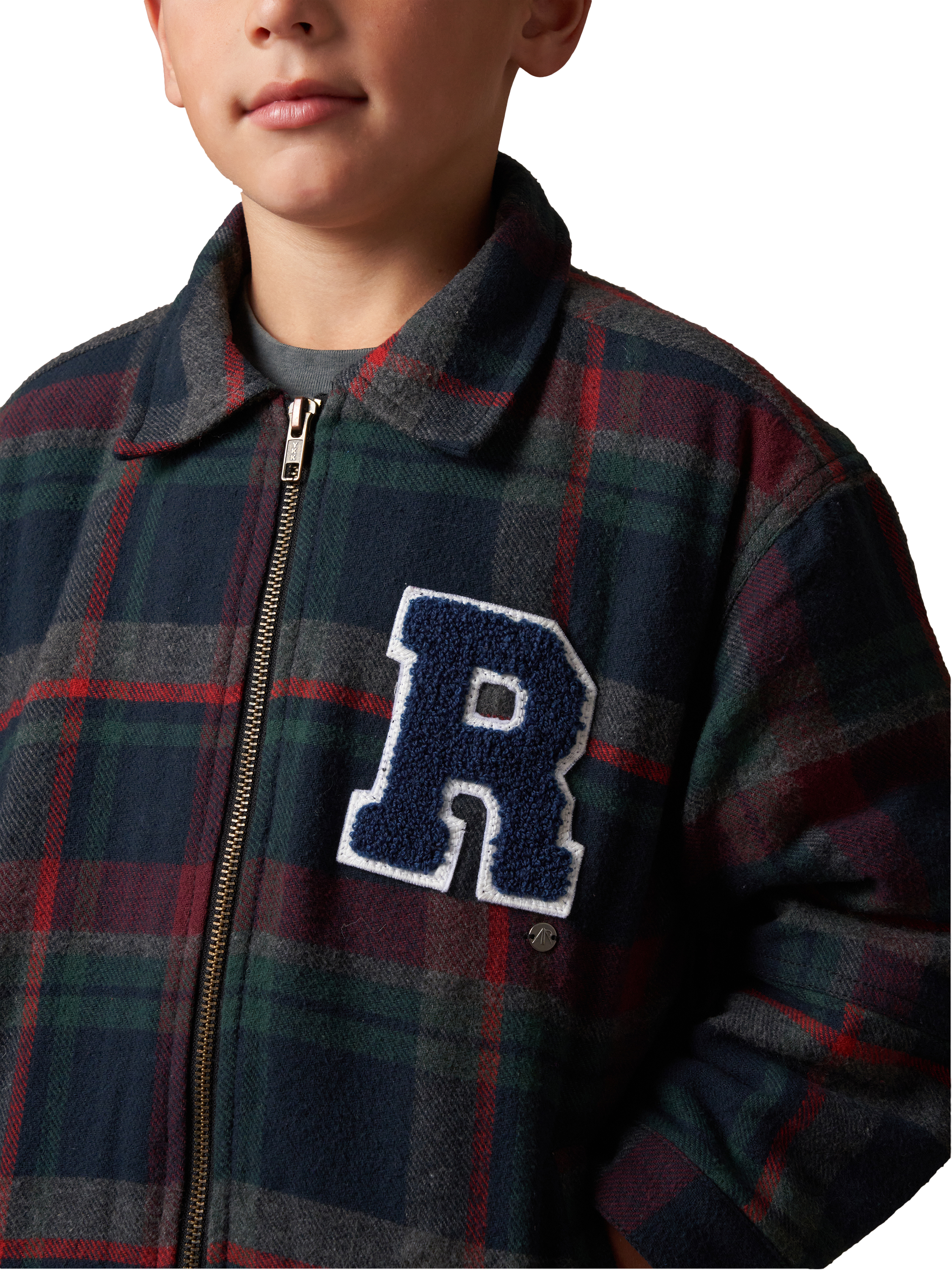 Product image 2 of 6, which shows Angel & Rocket Kids' Check Collegiate Jacket, Navy/Multi, 3 years