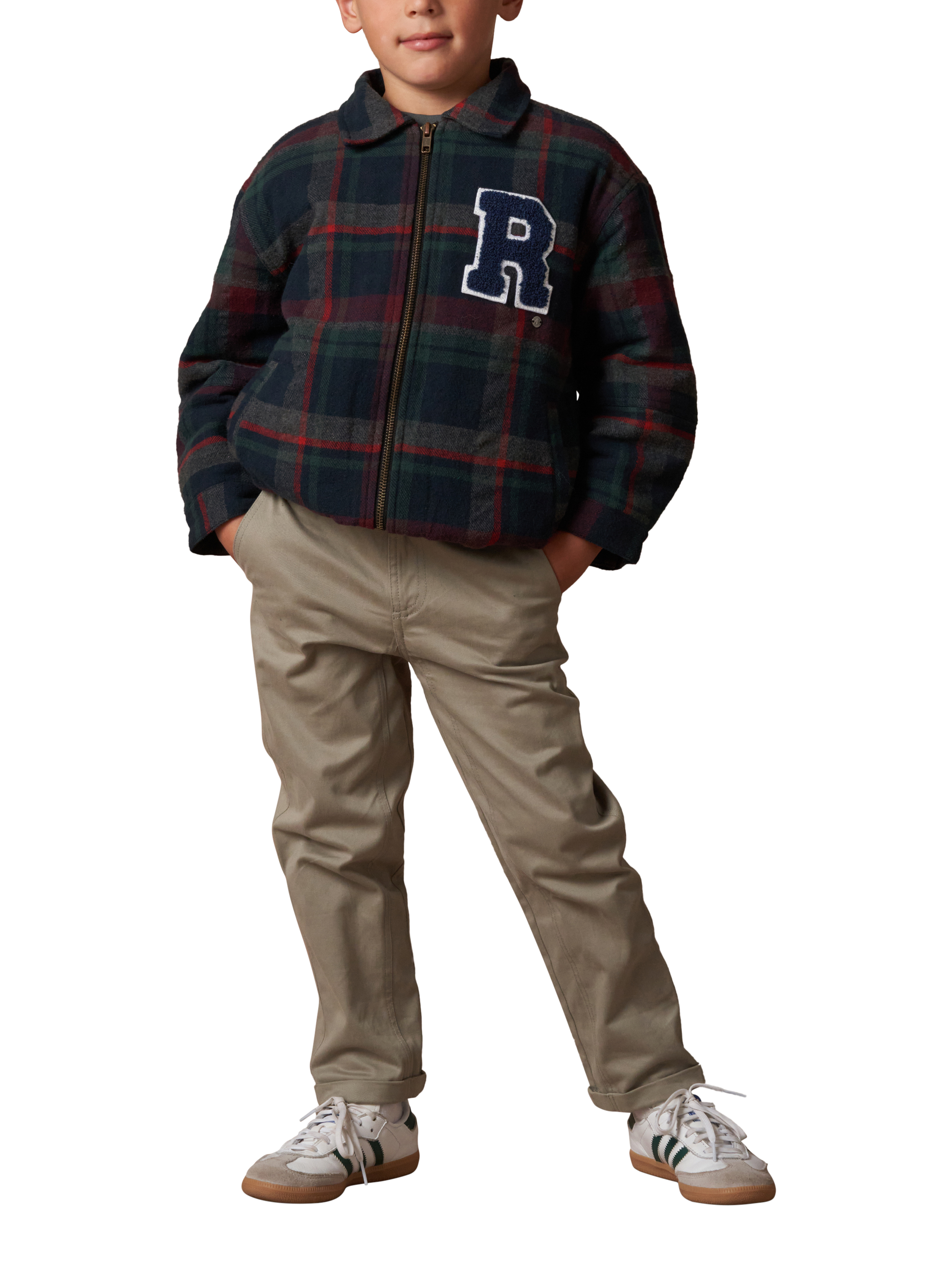 Product image 3 of 6, which shows Angel & Rocket Kids' Check Collegiate Jacket, Navy/Multi, 3 years