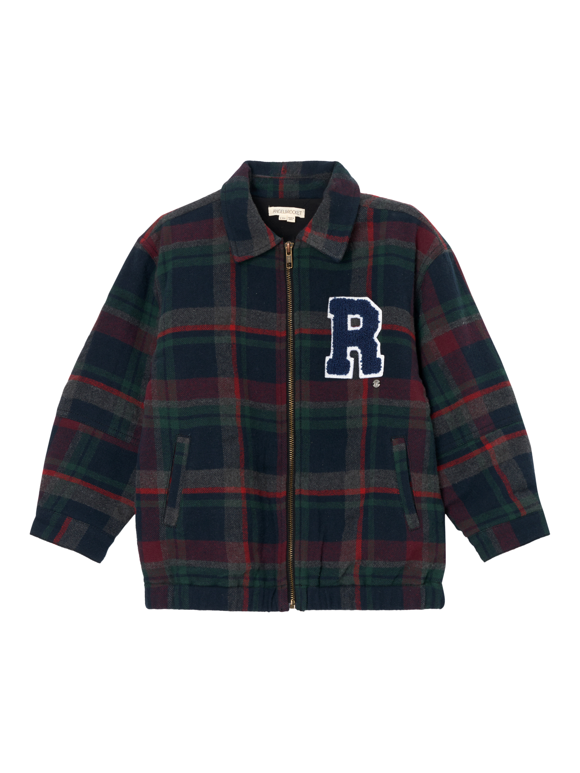 Product image 4 of 6, which shows Angel & Rocket Kids' Check Collegiate Jacket, Navy/Multi, 3 years