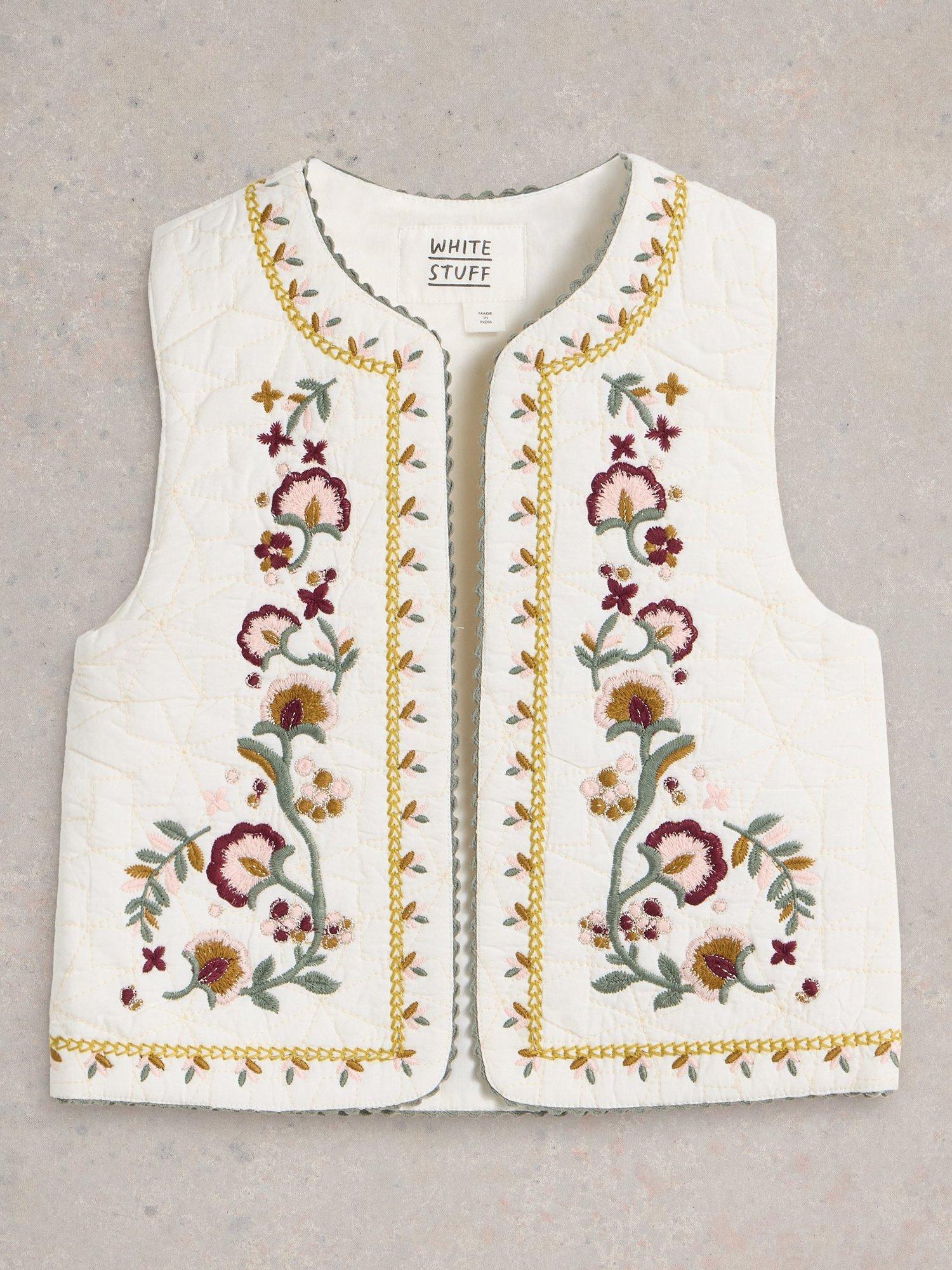 White Stuff Kids' Embroidered Gilet, Ivory/Multi