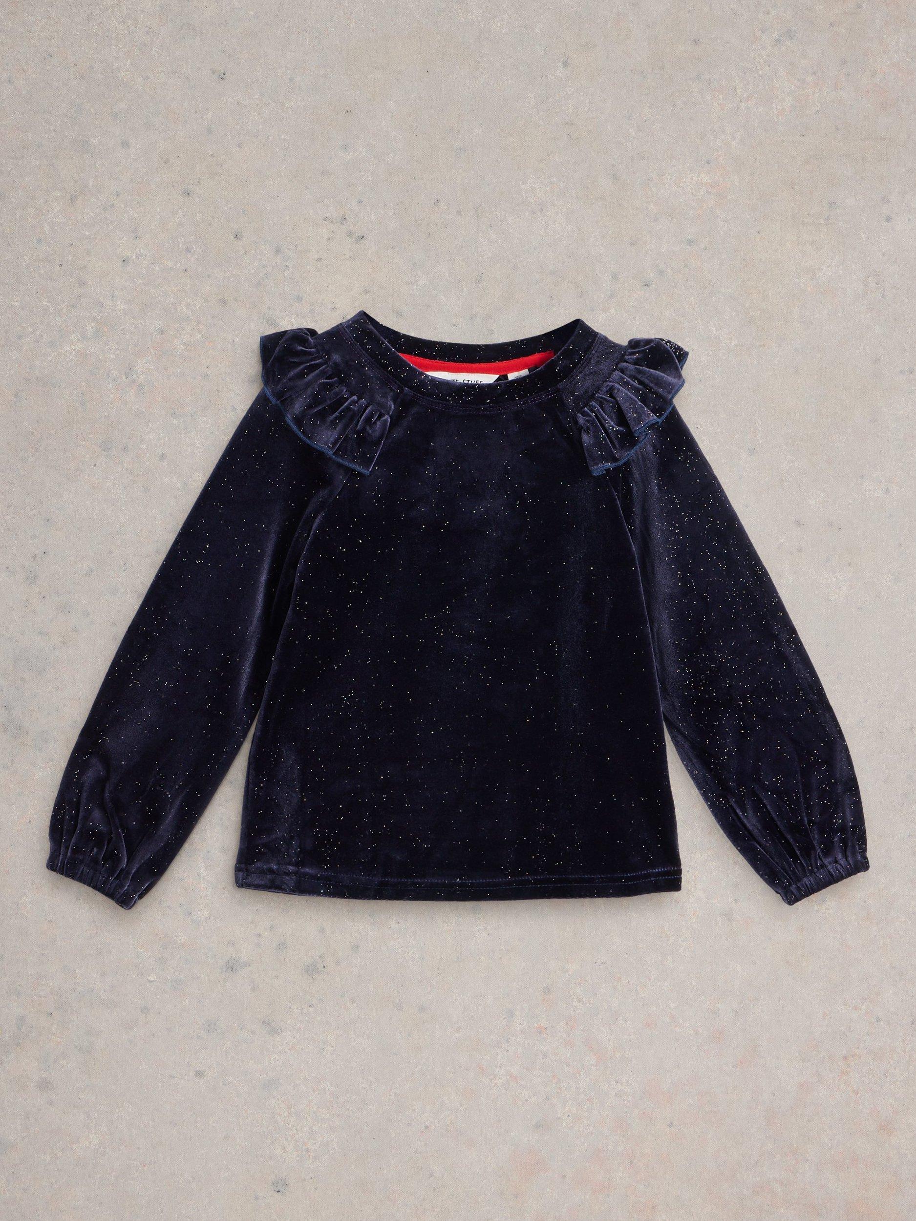 White Stuff Kids' Velvet Frill Sleeve Top, Dark Navy