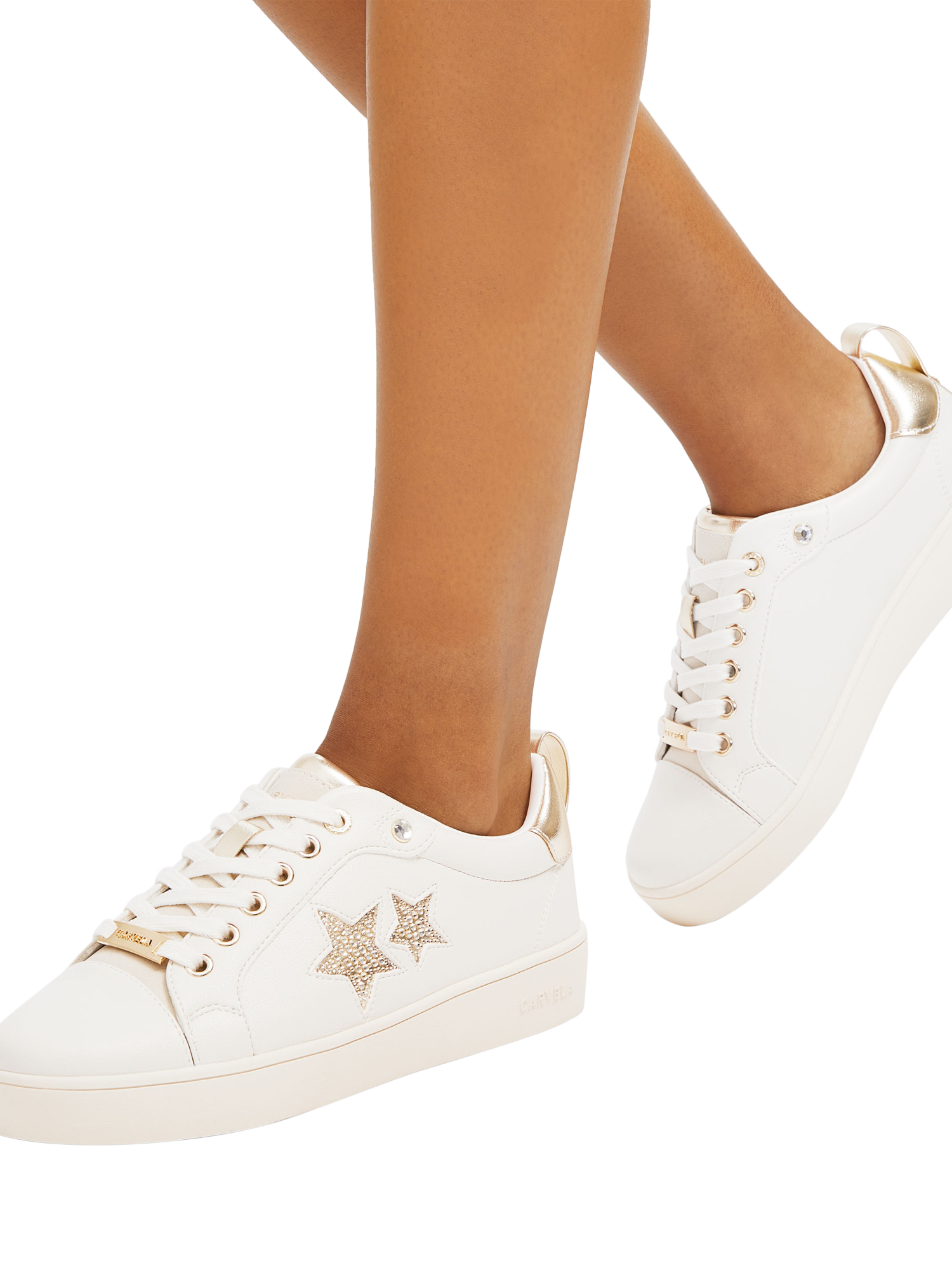 Product image 2 of 4, which shows Carvela Galaxy Embellished Star Trainers, White/Gold, 6