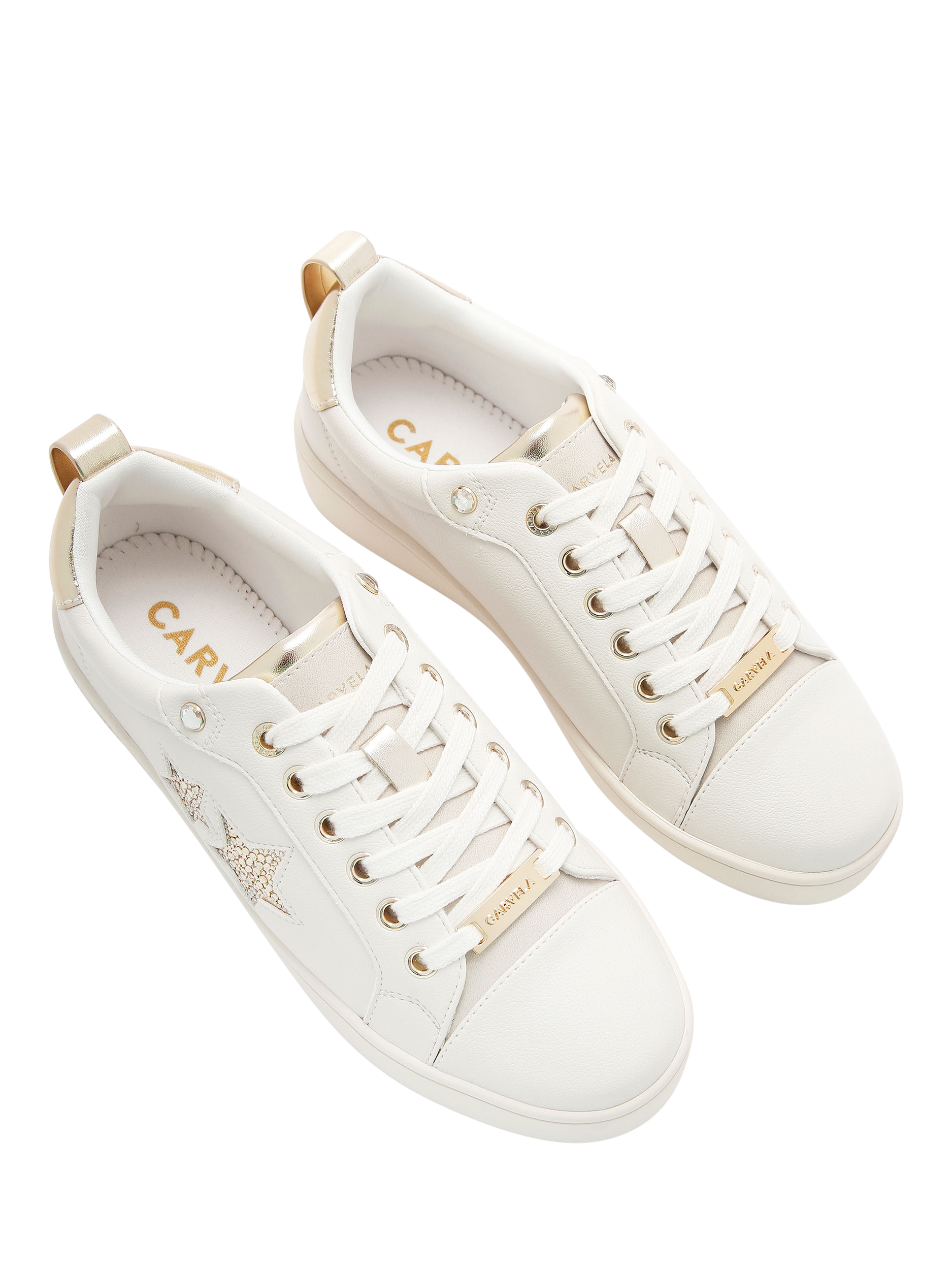 Product image 3 of 4, which shows Carvela Galaxy Embellished Star Trainers, White/Gold, 6
