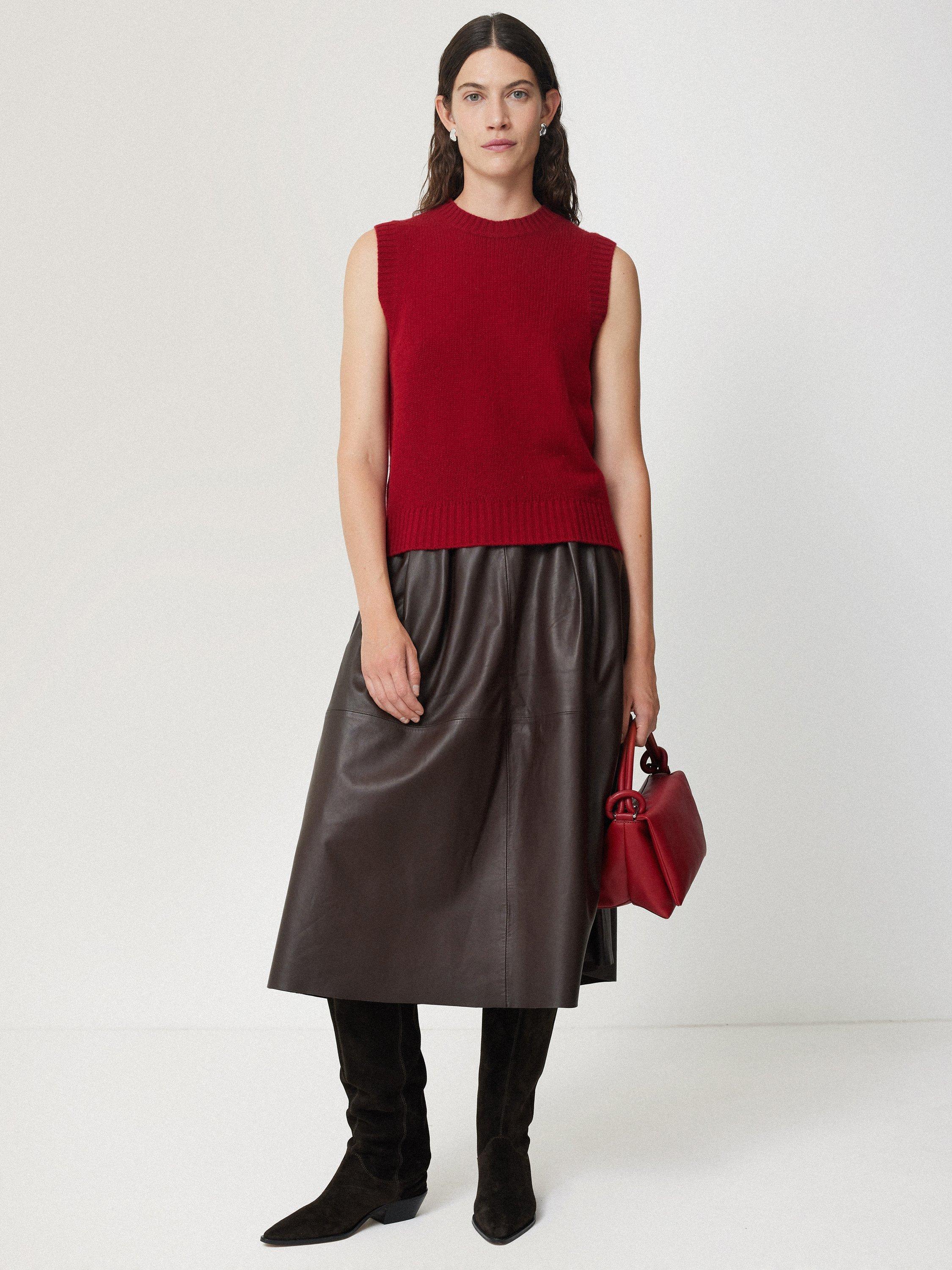 Jigsaw Pleated Leather Skirt Brown