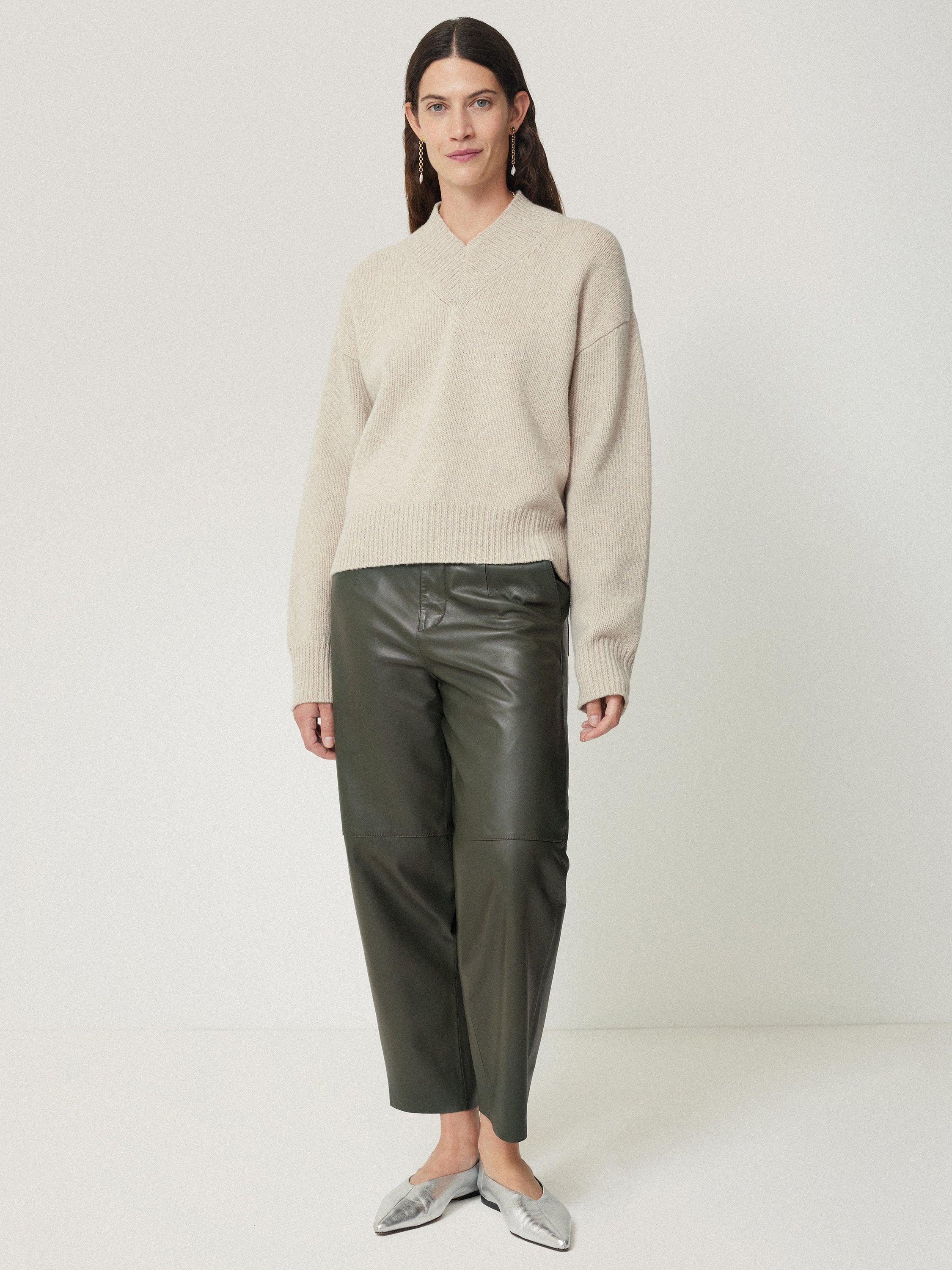 Product image 4 of 6, which shows Jigsaw Leather Barrel Leg Trousers, Green, 6