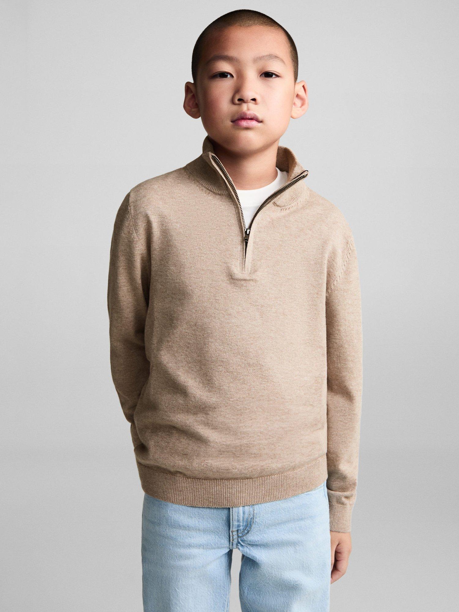 Mango Kids' Harry High Zip Neck Jumper, Beige
