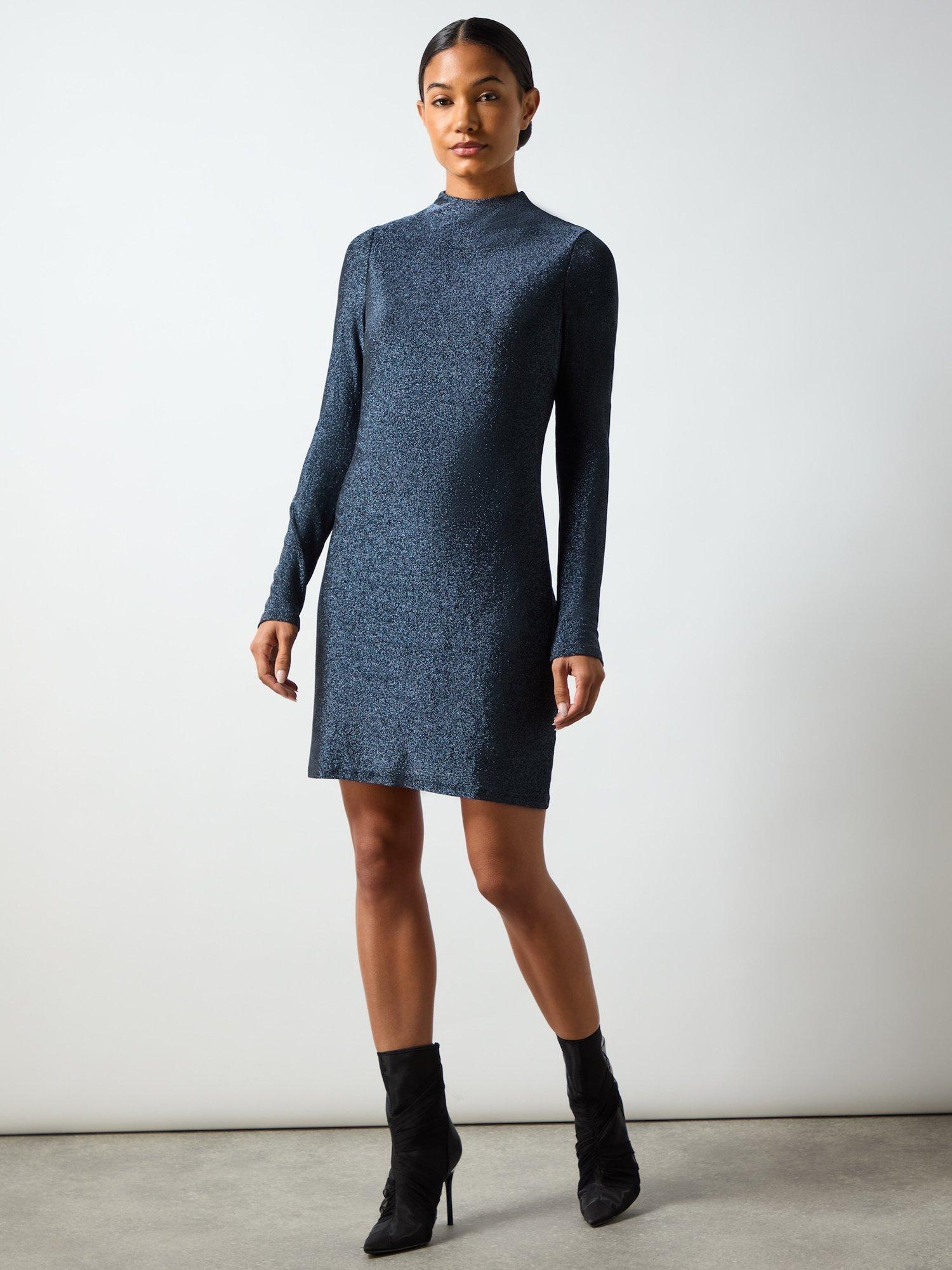 Product image 1 of 4, which shows Ro&Zo Petite Darcy Sparkle High Neck Mini Dress, Blue, 10