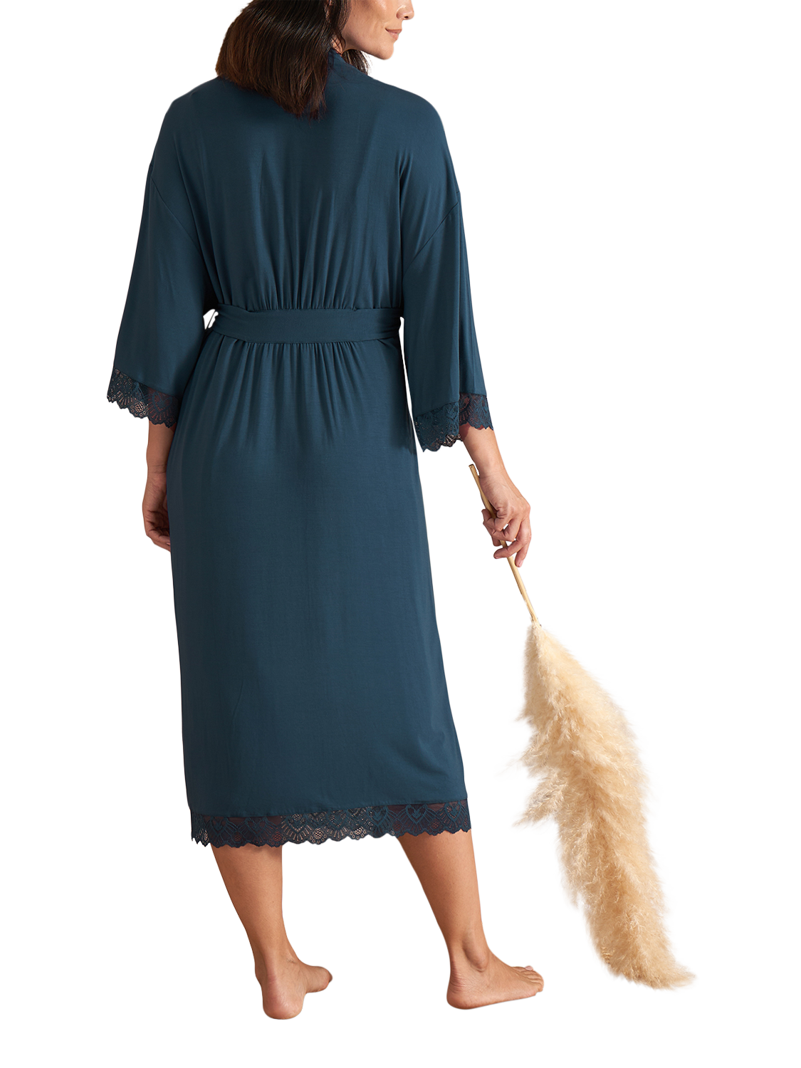 Product image 3 of 3, which shows Pretty You London Bamboo Lace Kimono Dressing Gown, Teal, S-M