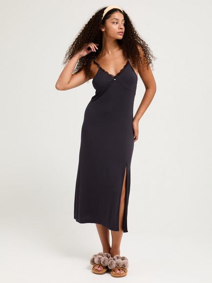 Pretty You London Bamboo Lace Midaxi Chemise, Raven