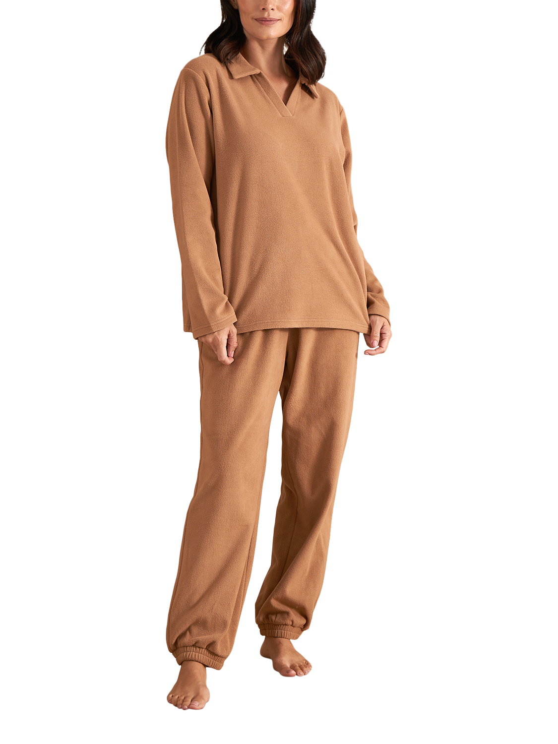 Product image 1 of 3, which shows Pretty You London Fleece Lounge Set, Tan, 8-10