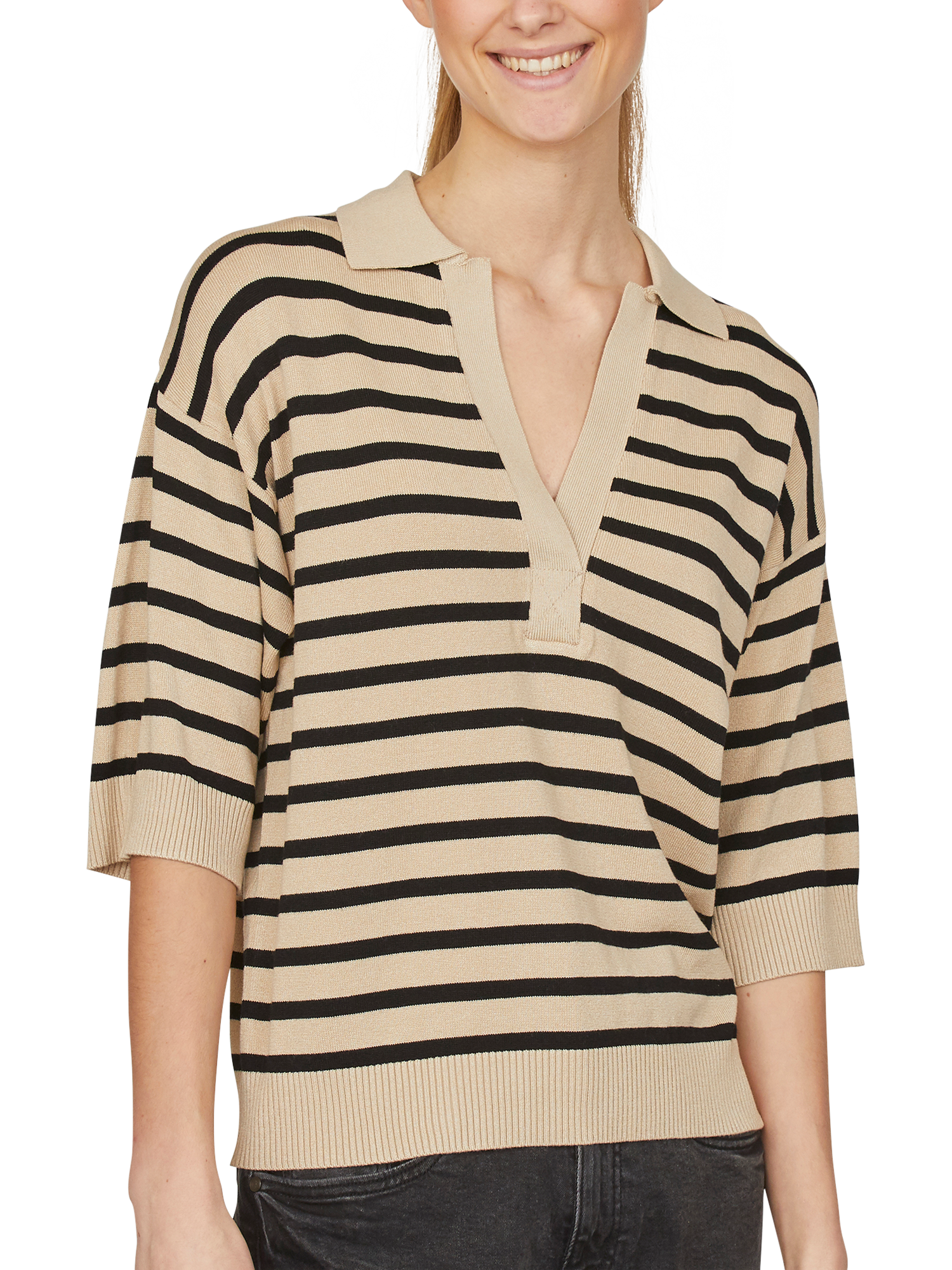 Product image 1 of 5, which shows Sisters Point Hilva Fine V-Neck Knitted Polo Top, Beige/Black, XS