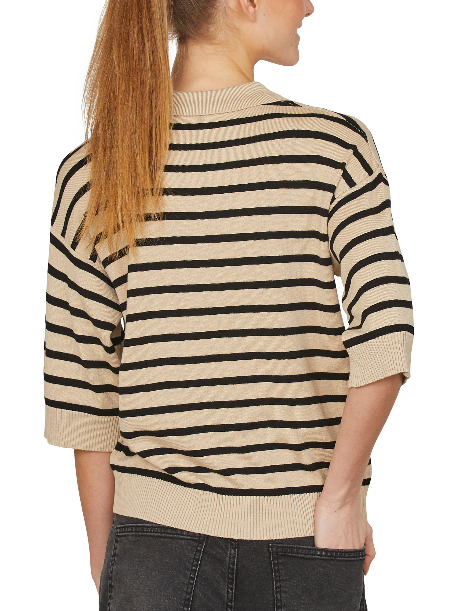 Product image 2 of 5, which shows Sisters Point Hilva Fine V-Neck Knitted Polo Top, Beige/Black, XS