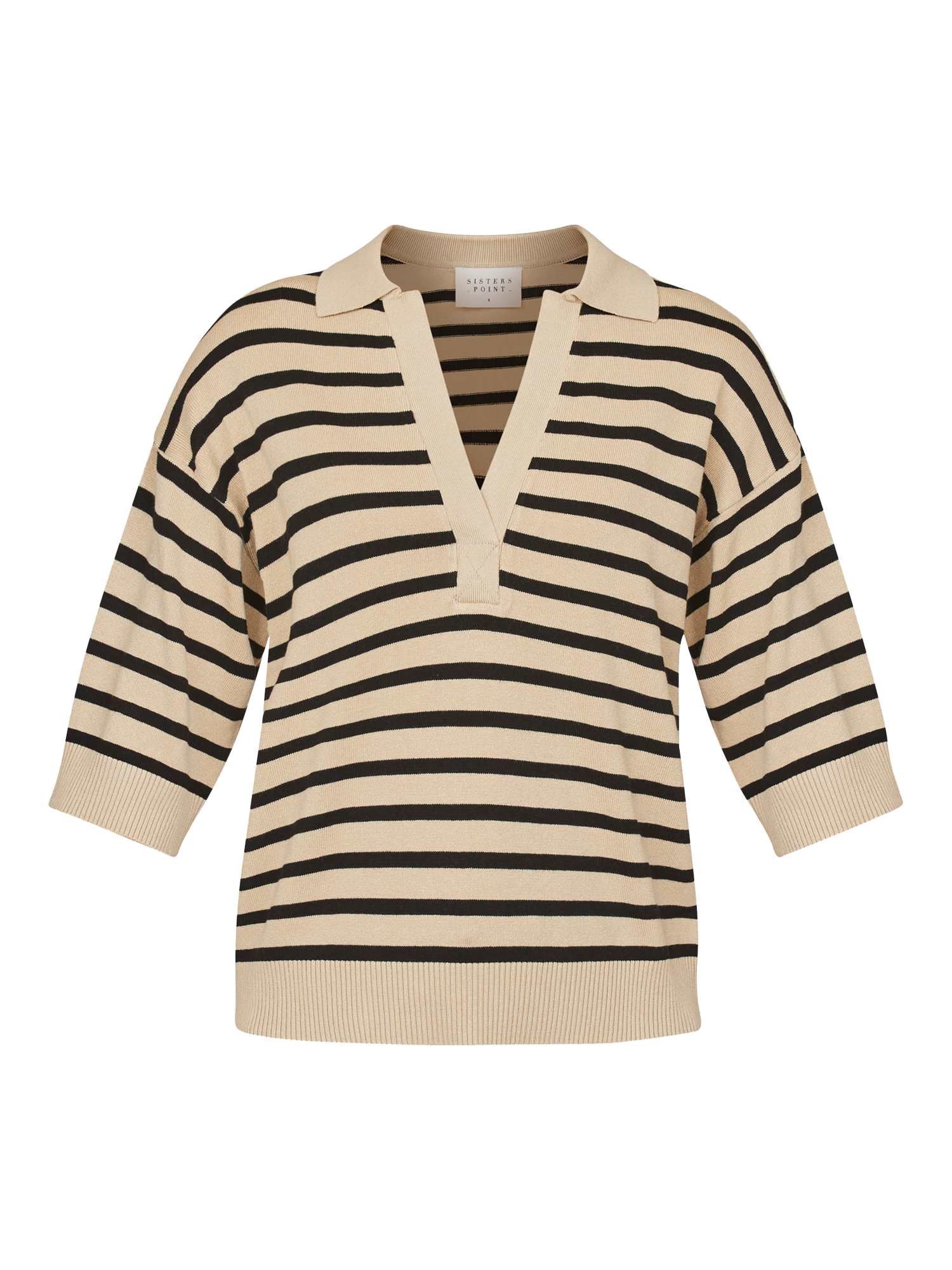 Product image 4 of 5, which shows Sisters Point Hilva Fine V-Neck Knitted Polo Top, Beige/Black, XS