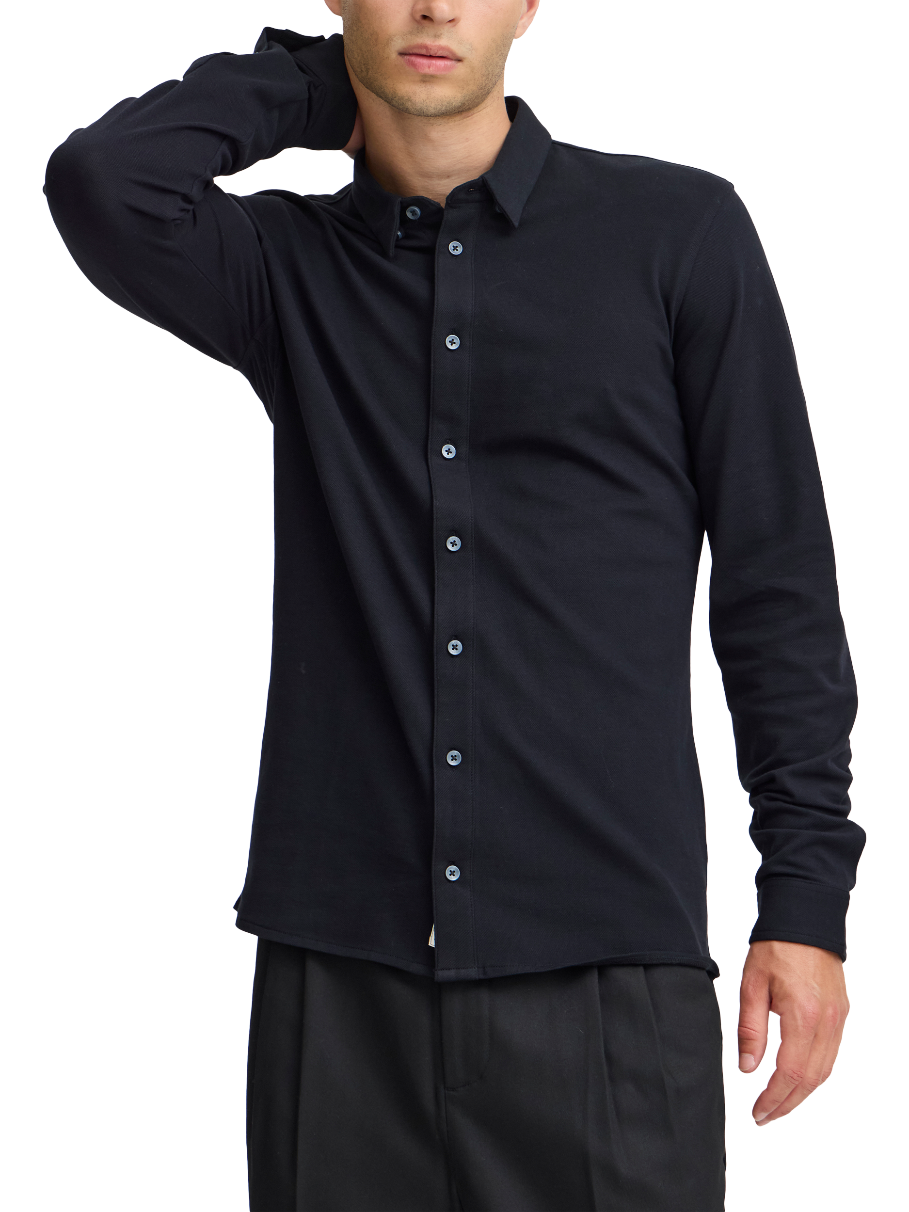 Product image 1 of 7, which shows Casual Friday Arthur Long Sleeve Pique Jersey Shirt, Black Beauty, S