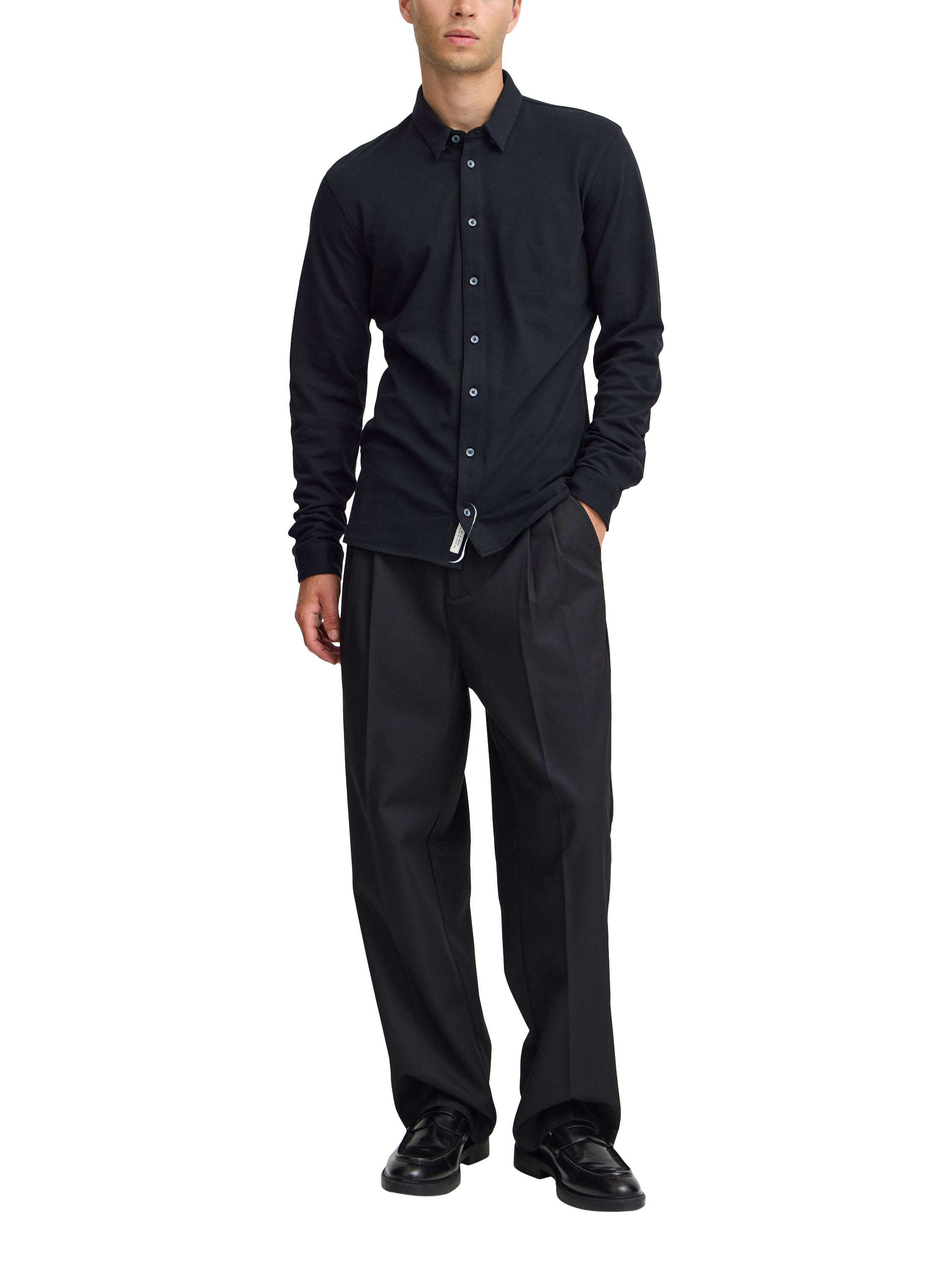 Product image 3 of 7, which shows Casual Friday Arthur Long Sleeve Pique Jersey Shirt, Black Beauty, S