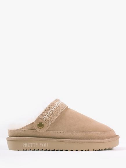 Pretty You London Hallie Sheepskin Mule Slippers, Beige