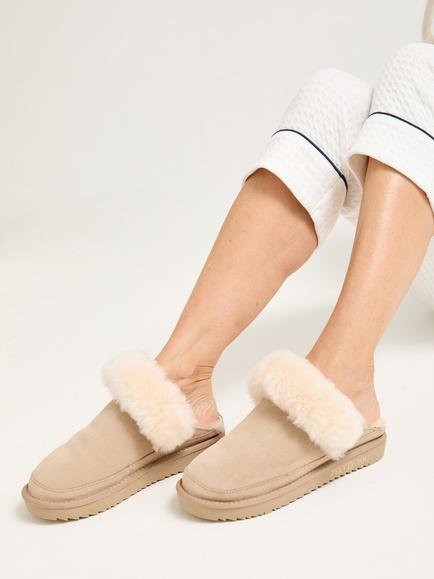 Pretty You London Hallie Sheepskin Mule Slippers - view 2, Beige