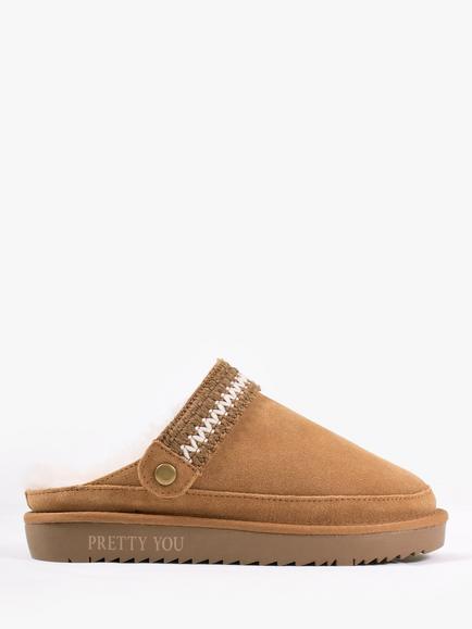 Pretty You London Hallie Sheepskin Mule Slippers, Chestnut