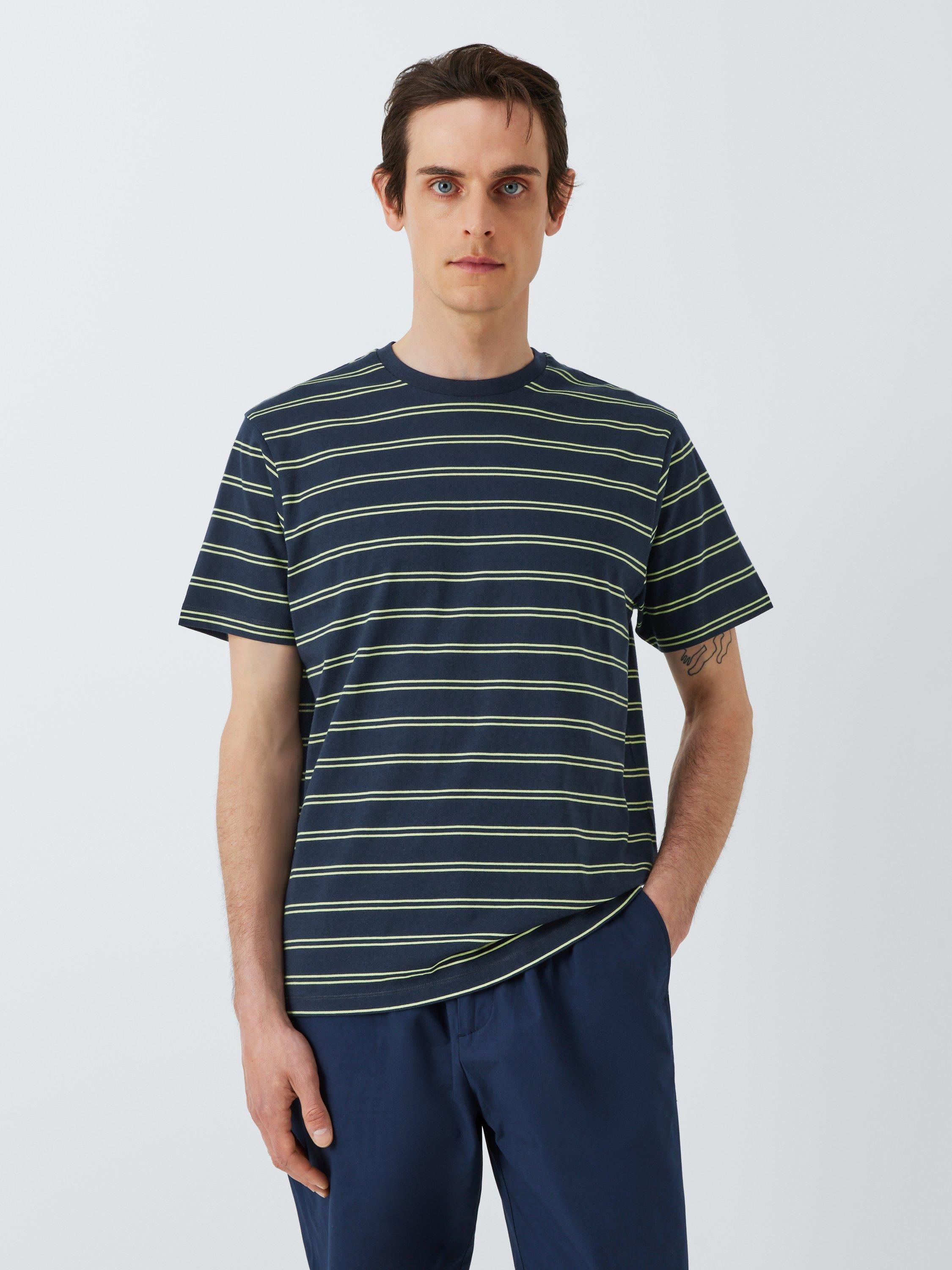 Product image 1 of 6, which shows Kin Cotton Double Stripe Cotton T-Shirt, Dark Sapphire/Lime, S