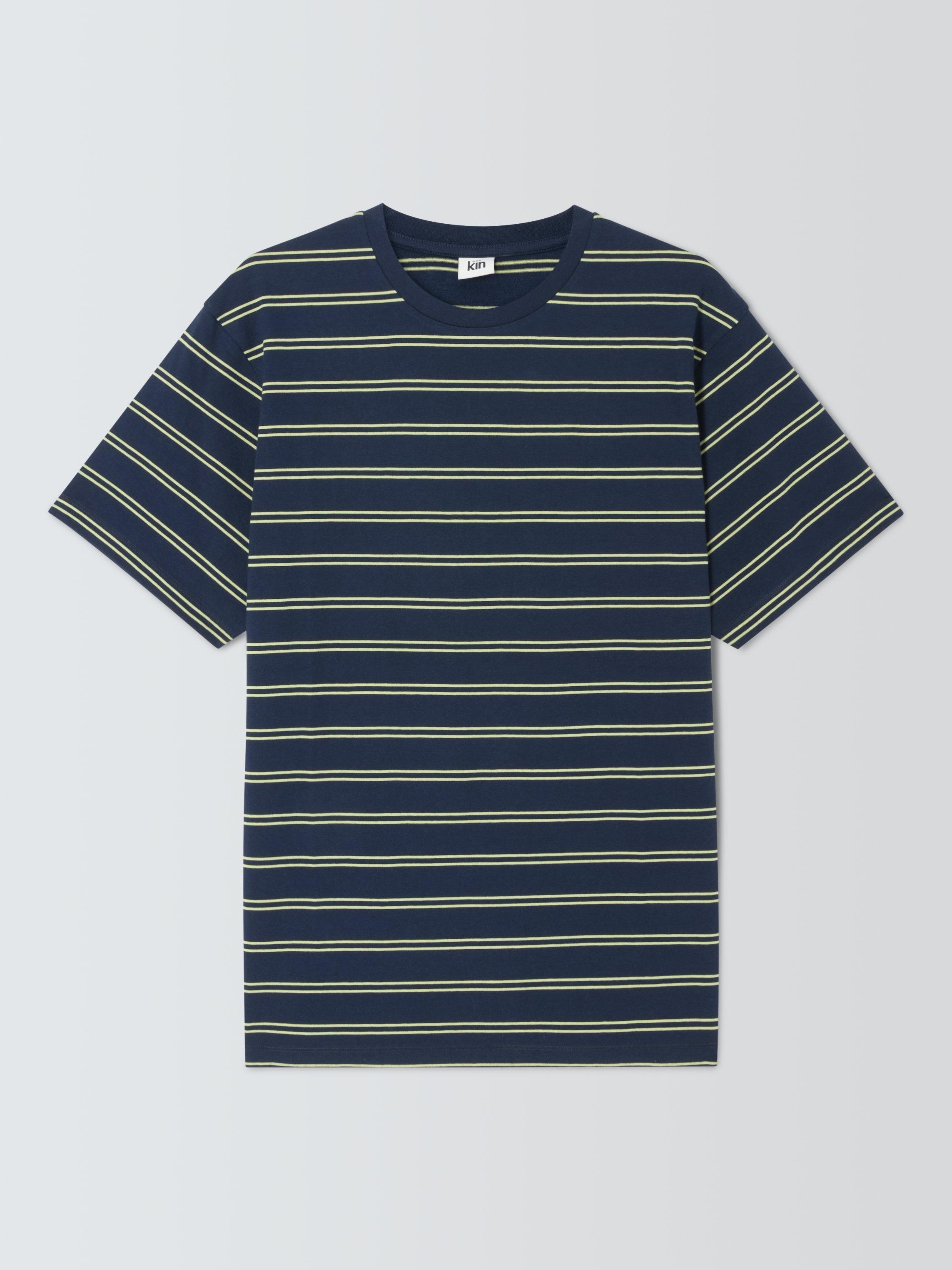 Product image 4 of 6, which shows Kin Cotton Double Stripe Cotton T-Shirt, Dark Sapphire/Lime, S