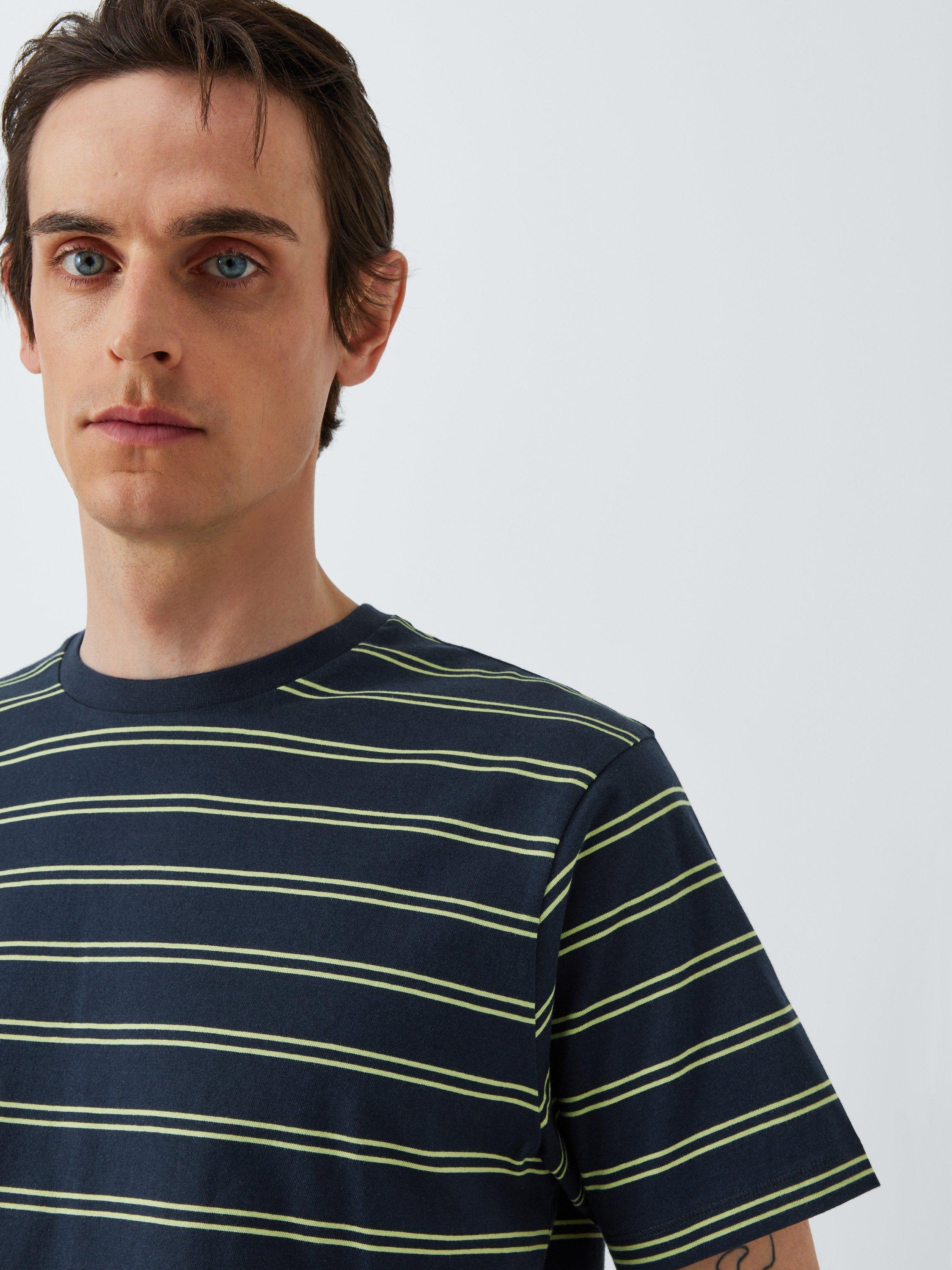 Product image 6 of 6, which shows Kin Cotton Double Stripe Cotton T-Shirt, Dark Sapphire/Lime, S
