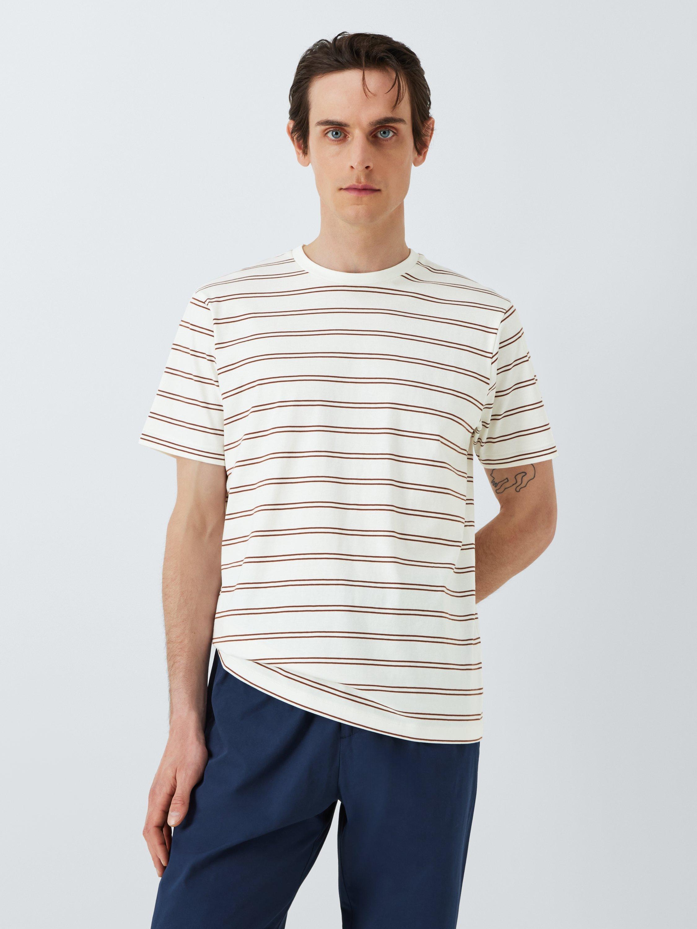Product image 1 of 6, which shows Kin Cotton Double Stripe Cotton T-Shirt, White/Brown, L