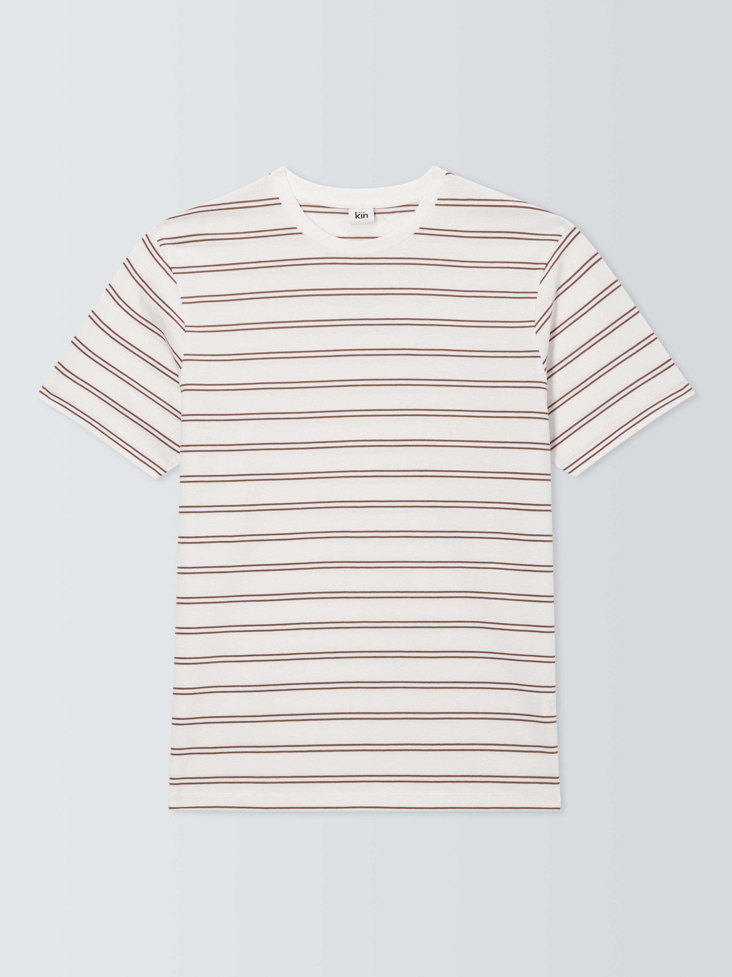 Product image 4 of 6, which shows Kin Cotton Double Stripe Cotton T-Shirt, White/Brown, L