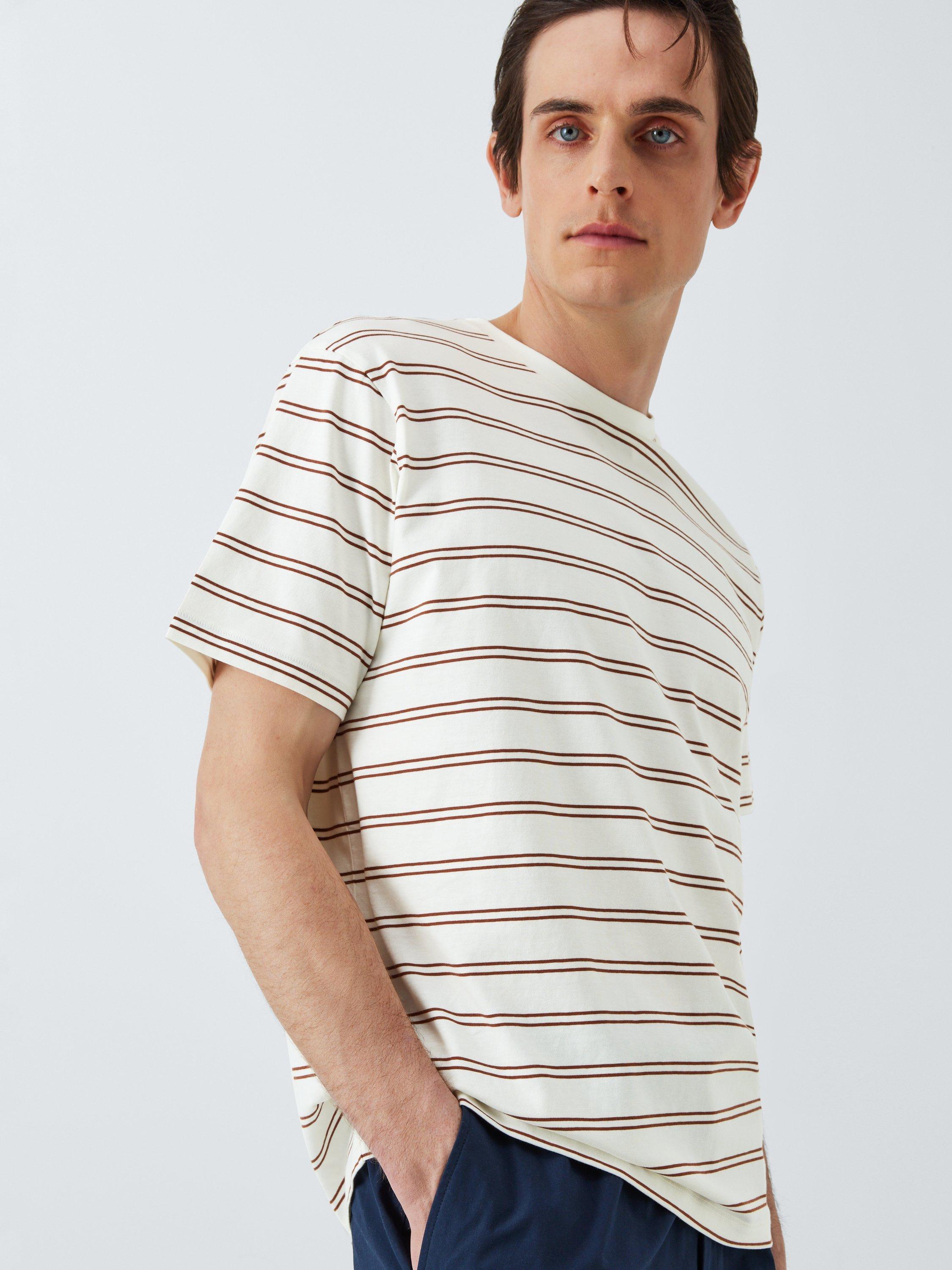 Product image 6 of 6, which shows Kin Cotton Double Stripe Cotton T-Shirt, White/Brown, L