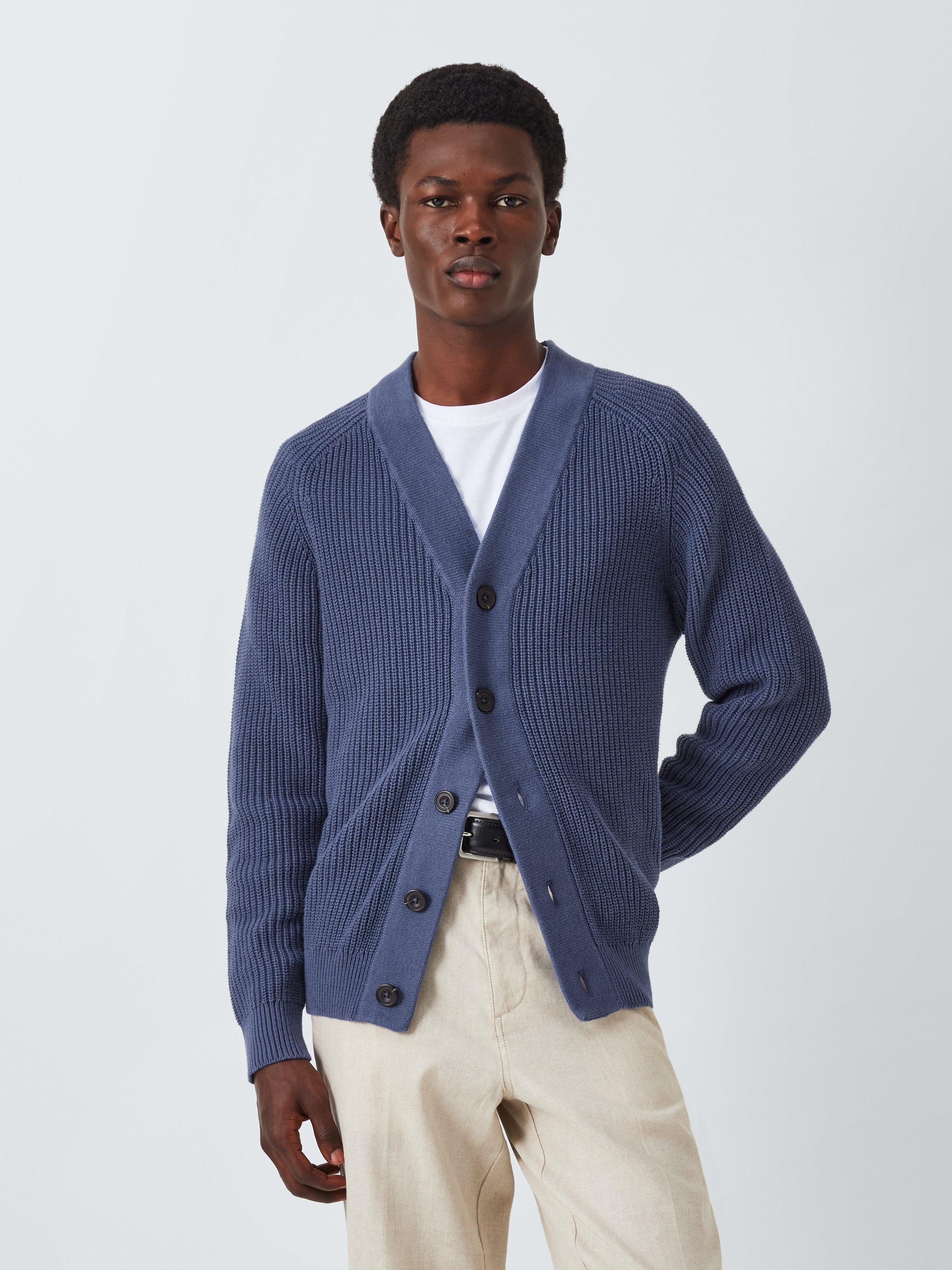 John Lewis Cotton Knit V-Neck Baseball Cardigan, Crown Blue