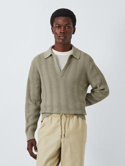 John Lewis Rib Knit Polo Collar Jumper, Seagrass, Seagrass
