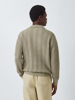 John Lewis Rib Knit Polo Collar Jumper, Seagrass - view 2, Seagrass