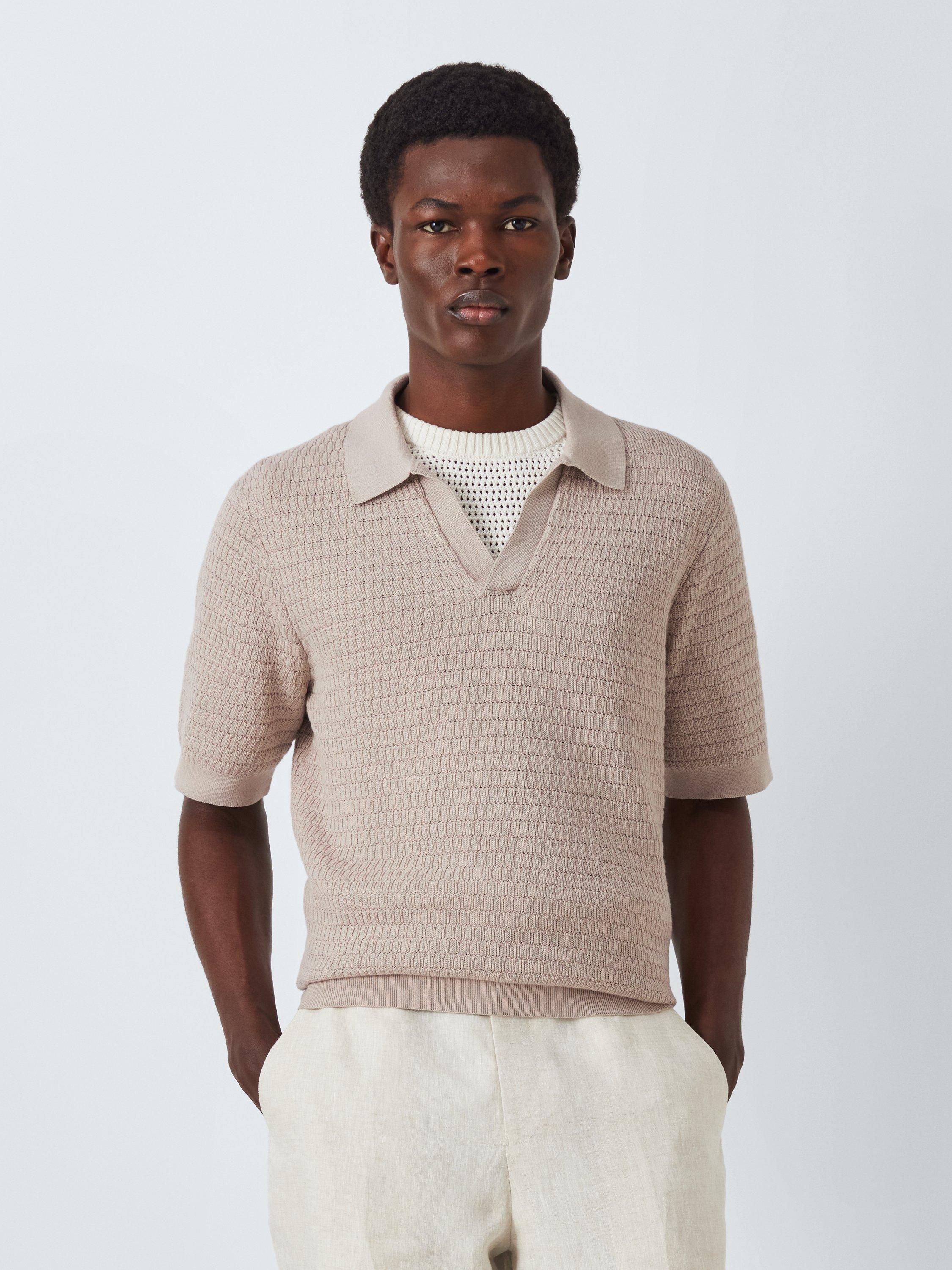 Product image 1 of 6, which shows John Lewis Short Sleeve Textured Cotton Knit Revere Collar Polo Shirt, Plaza Taupe, M