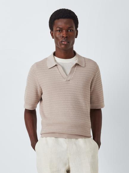 John Lewis Short Sleeve Textured Cotton Knit Revere Collar Polo Shirt, Plaza Taupe
