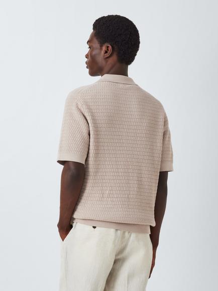 John Lewis Short Sleeve Textured Cotton Knit Revere Collar Polo Shirt - view 2, Plaza Taupe