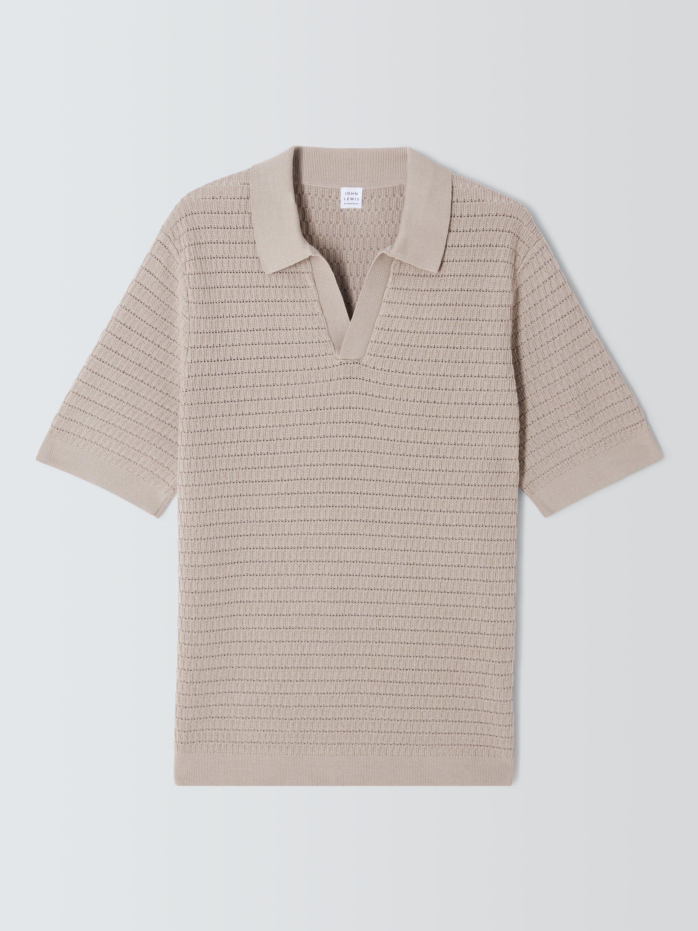 Product image 4 of 6, which shows John Lewis Short Sleeve Textured Cotton Knit Revere Collar Polo Shirt, Plaza Taupe, M