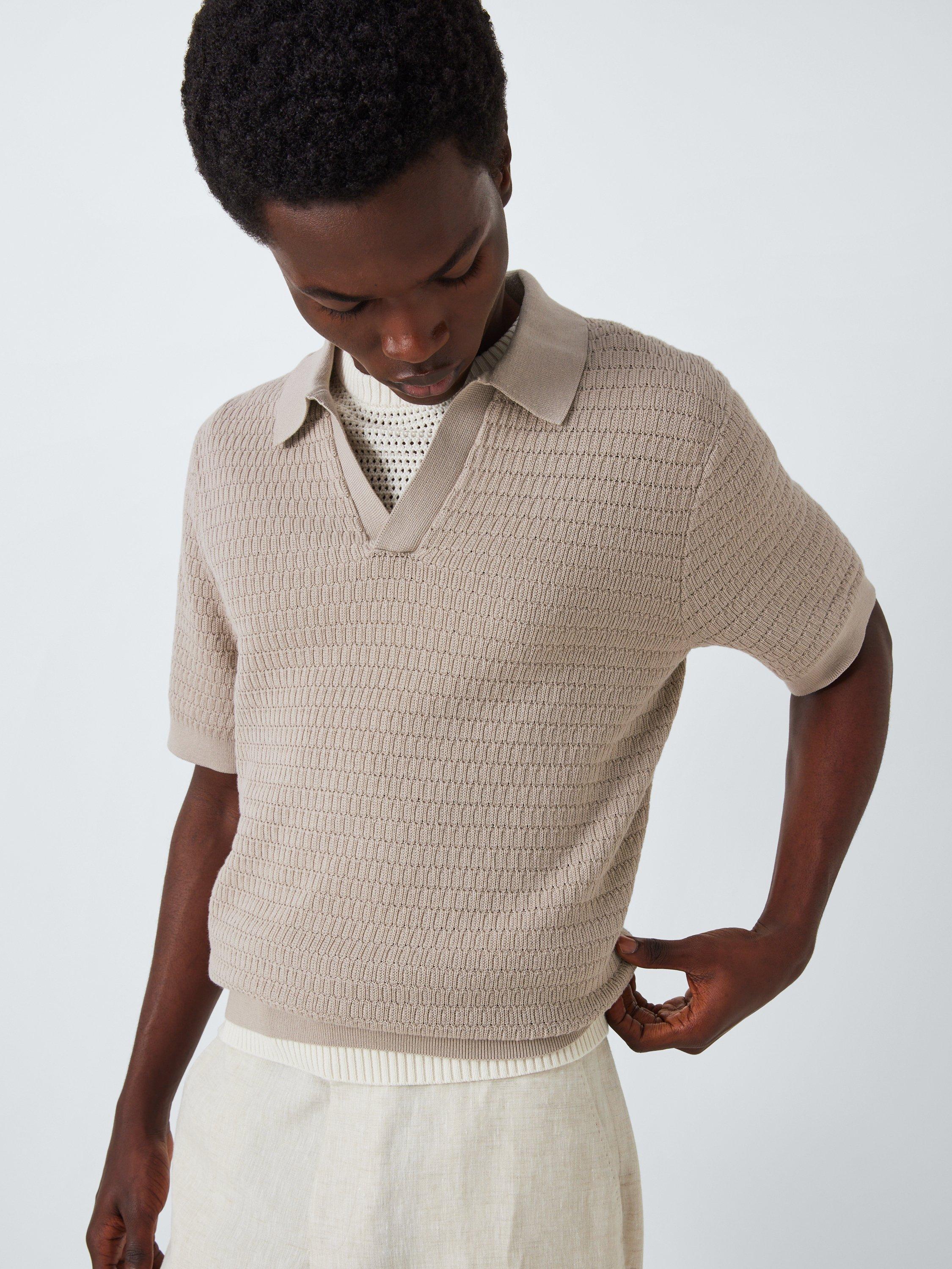 Product image 5 of 6, which shows John Lewis Short Sleeve Textured Cotton Knit Revere Collar Polo Shirt, Plaza Taupe, M