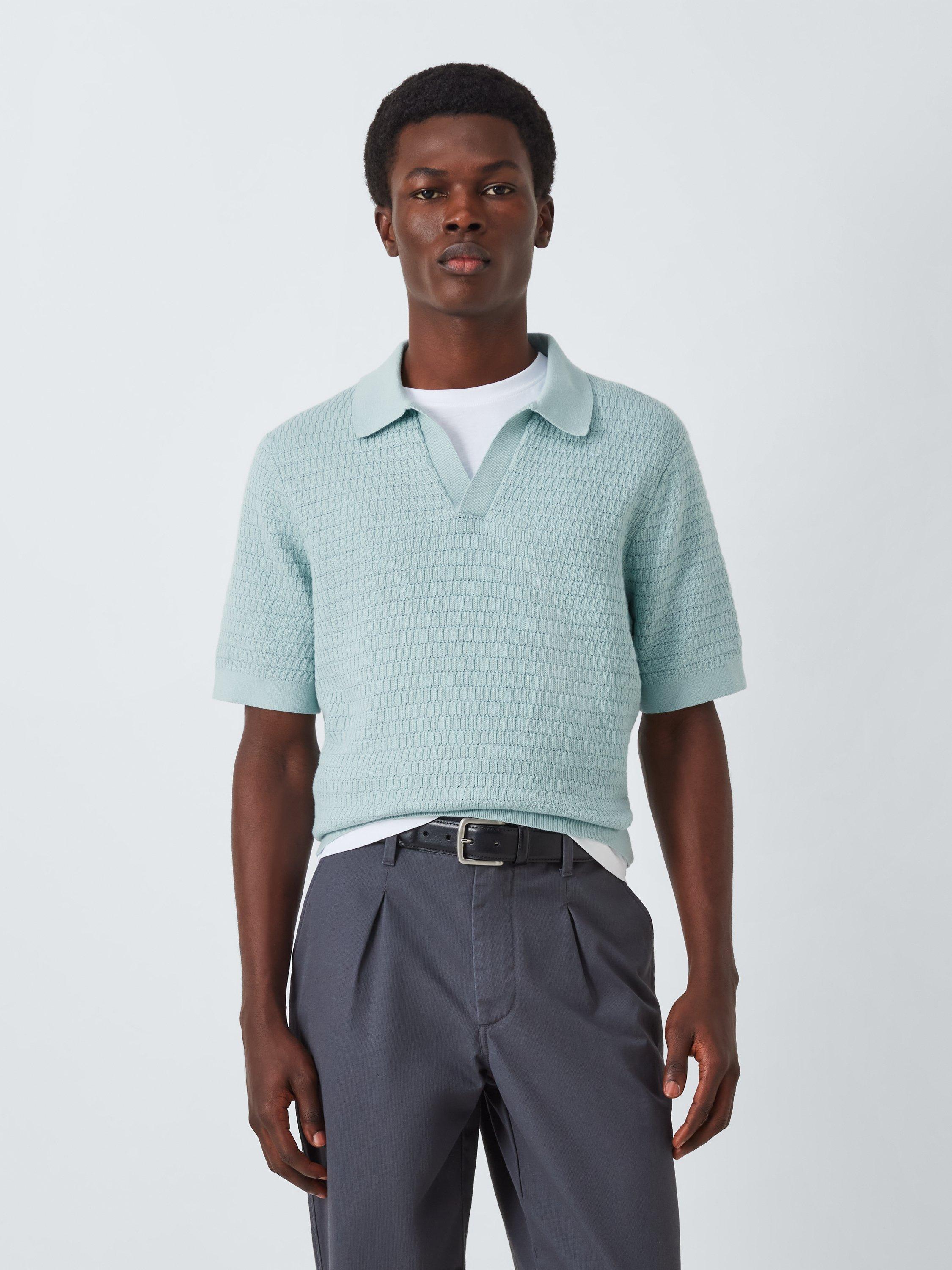 Product image 1 of 6, which shows John Lewis Short Sleeve Textured Cotton Knit Revere Collar Polo Shirt, Cloud Blue, M