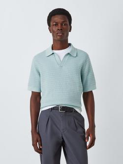 John Lewis Short Sleeve Textured Cotton Knit Revere Collar Polo Shirt, Cloud Blue