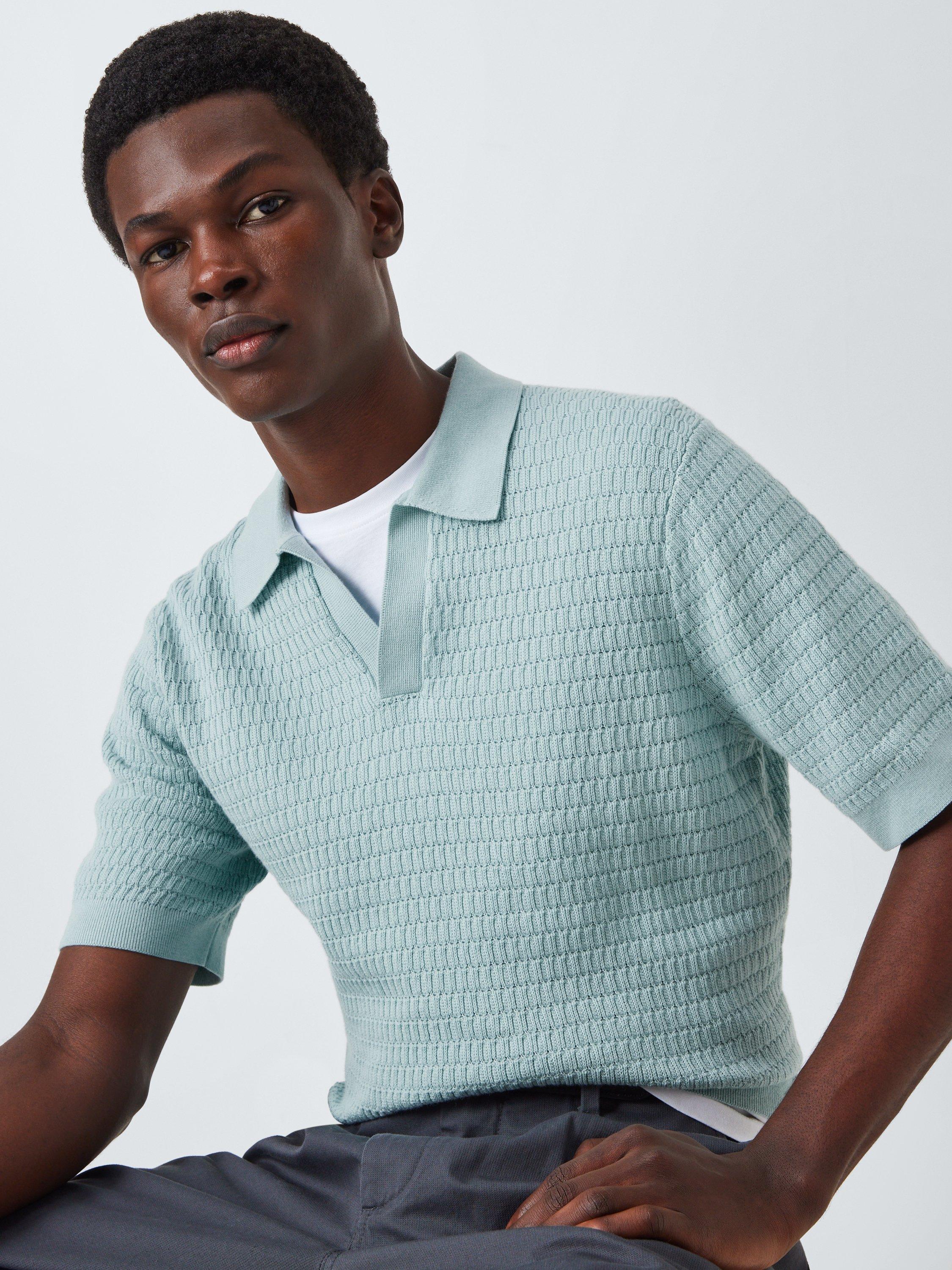 Product image 5 of 6, which shows John Lewis Short Sleeve Textured Cotton Knit Revere Collar Polo Shirt, Cloud Blue, M