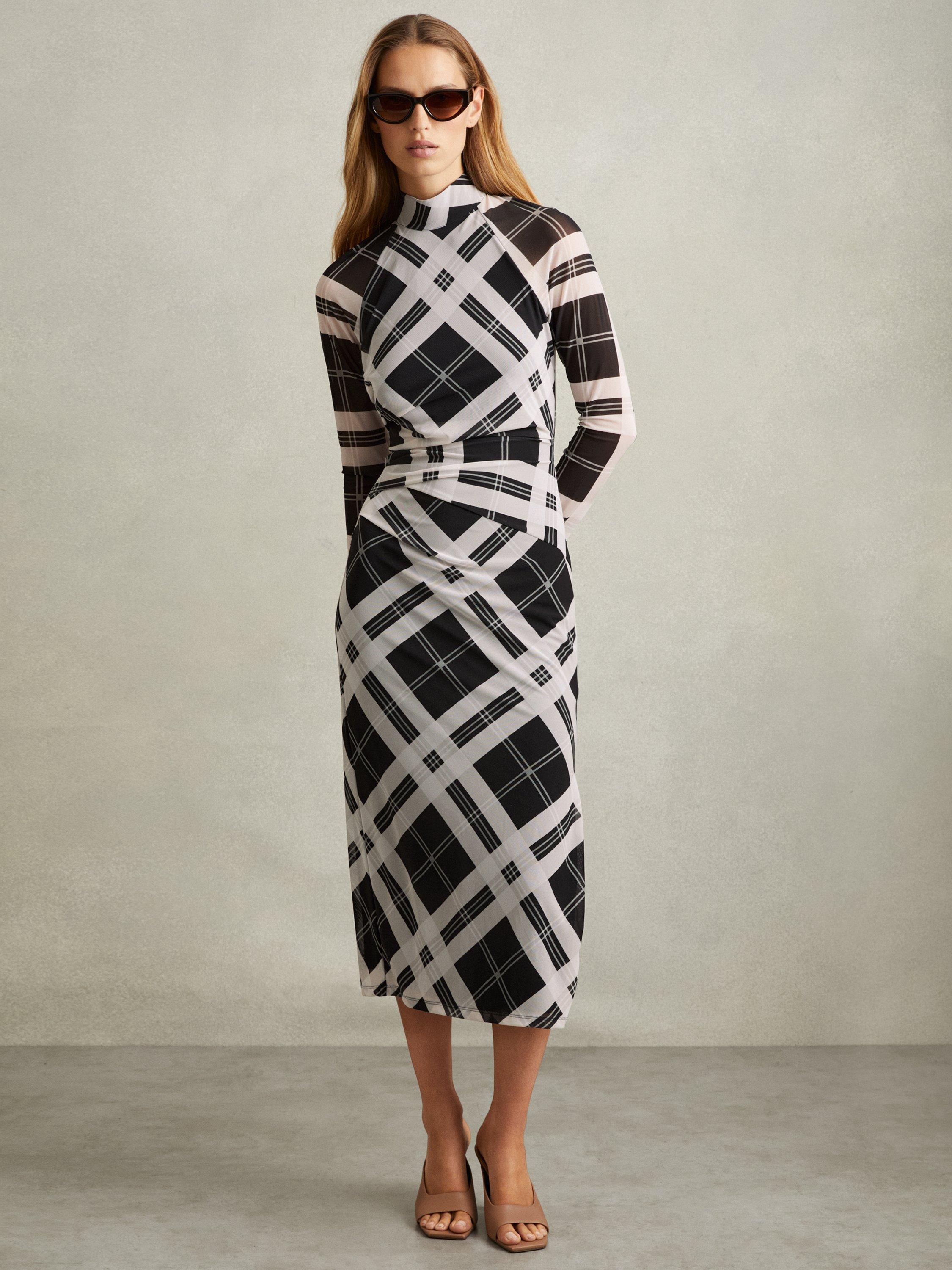 Product image 1 of 5, which shows Reiss Darla Check Ruched Midi Dress, Black/Ivory, 8