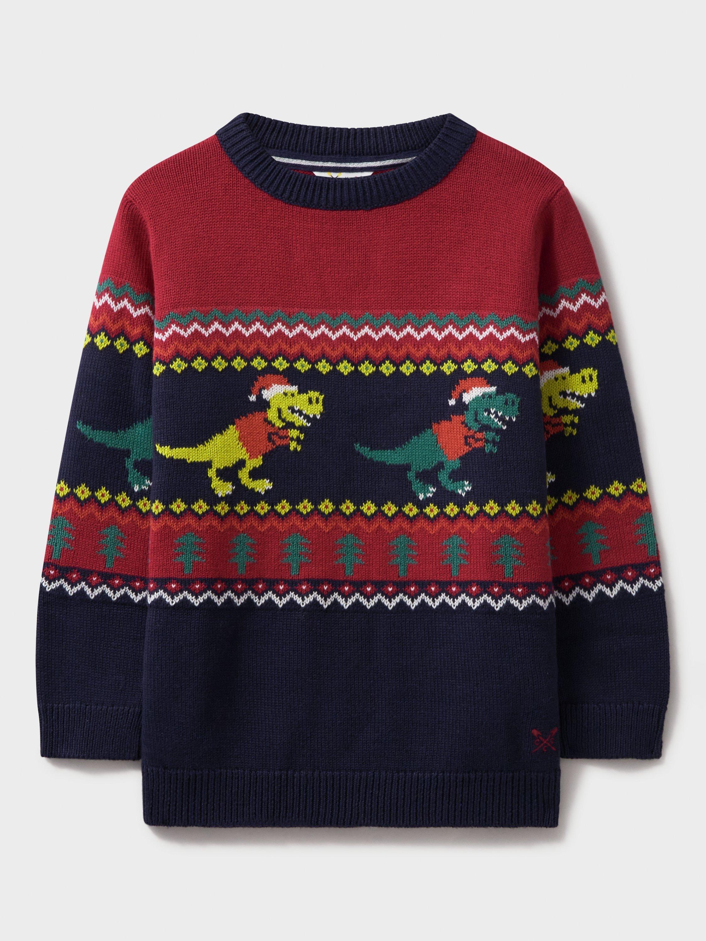 Crew Clothing Kids' Festive Dinosaur Fair Isle Jumper, Navy/Multi