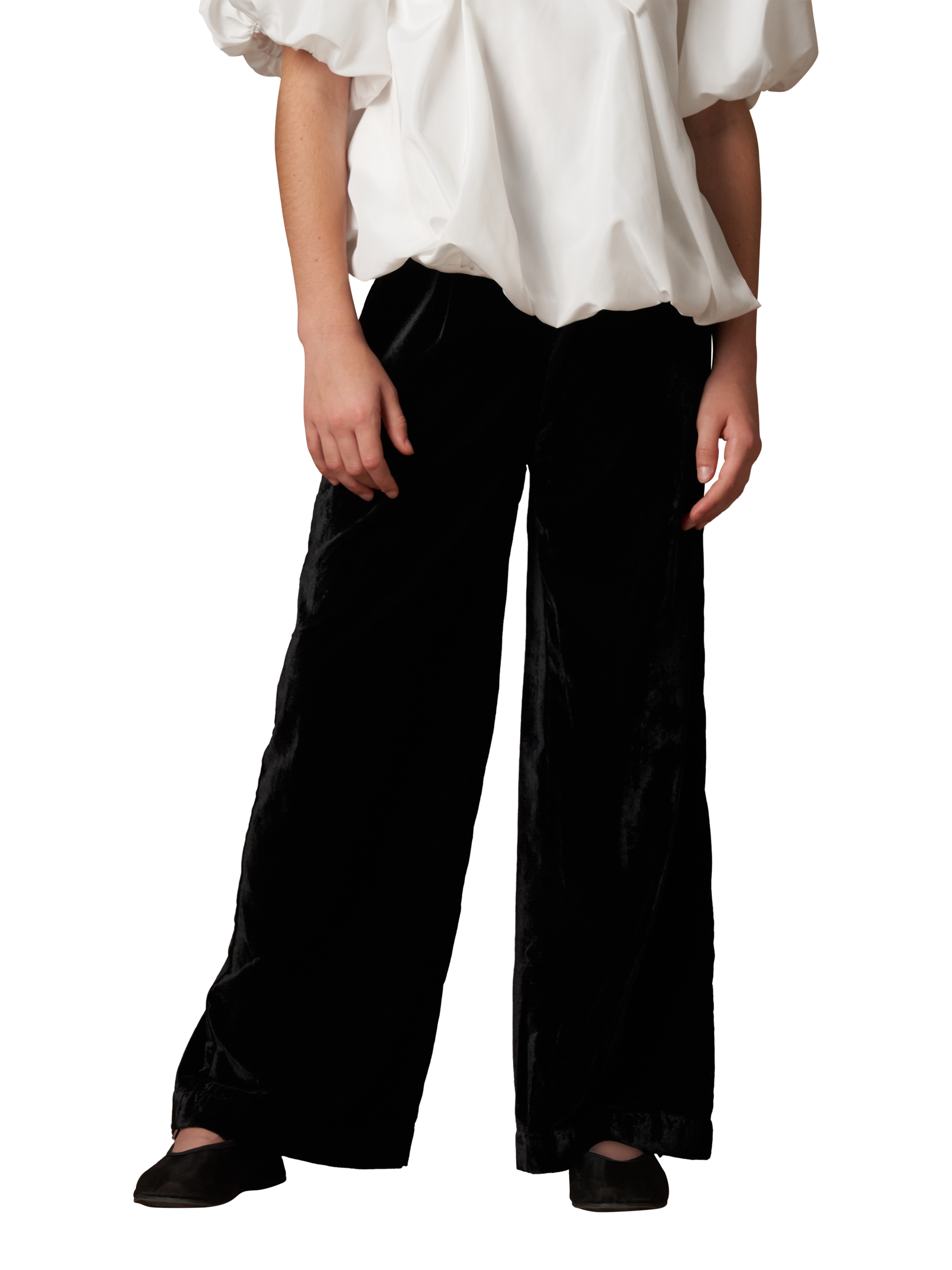 Product image 1 of 5, which shows Angel & Rocket Kids' Velvet Wide Leg Trousers, Black, 11 years