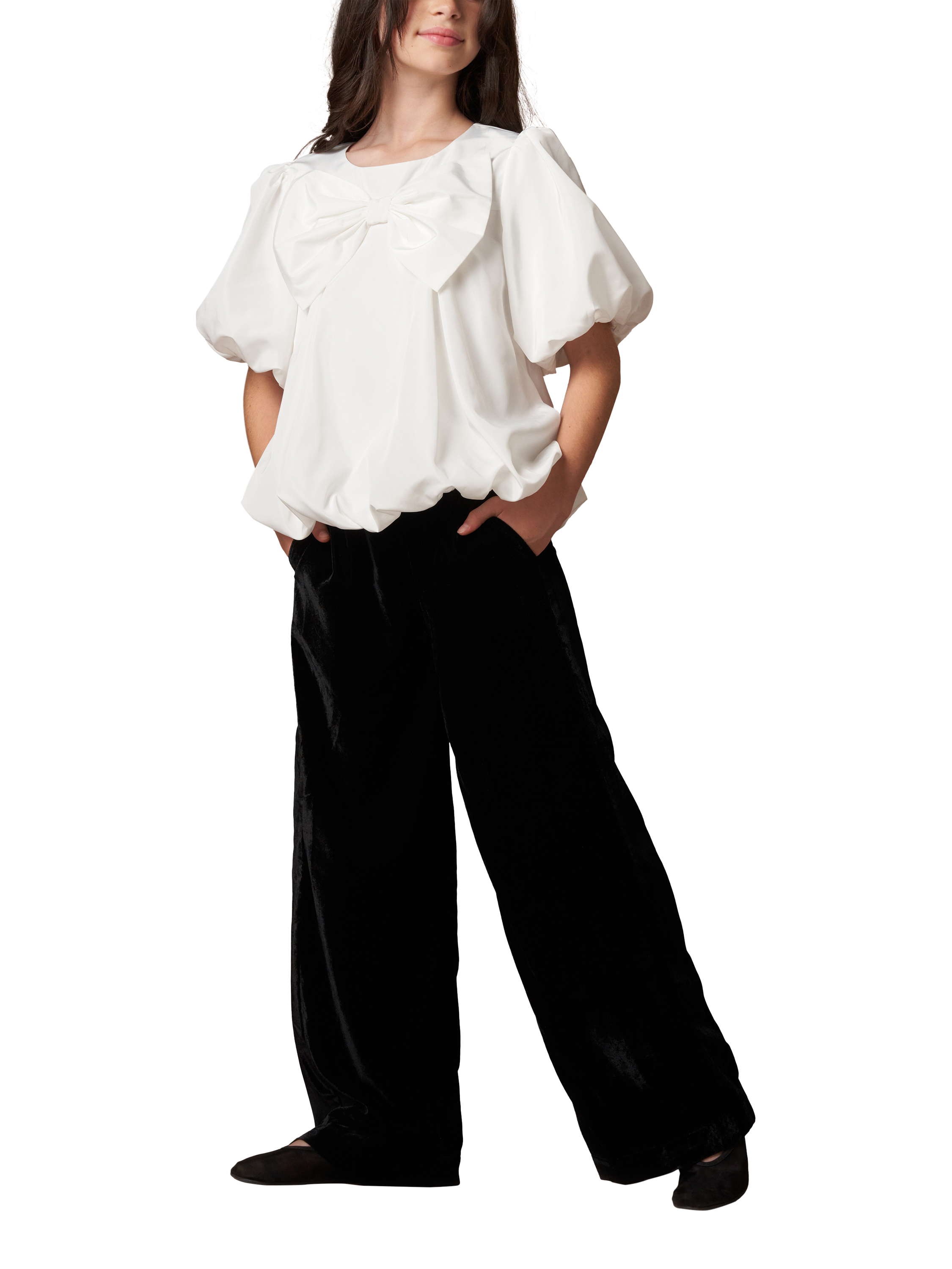 Product image 2 of 5, which shows Angel & Rocket Kids' Velvet Wide Leg Trousers, Black, 11 years