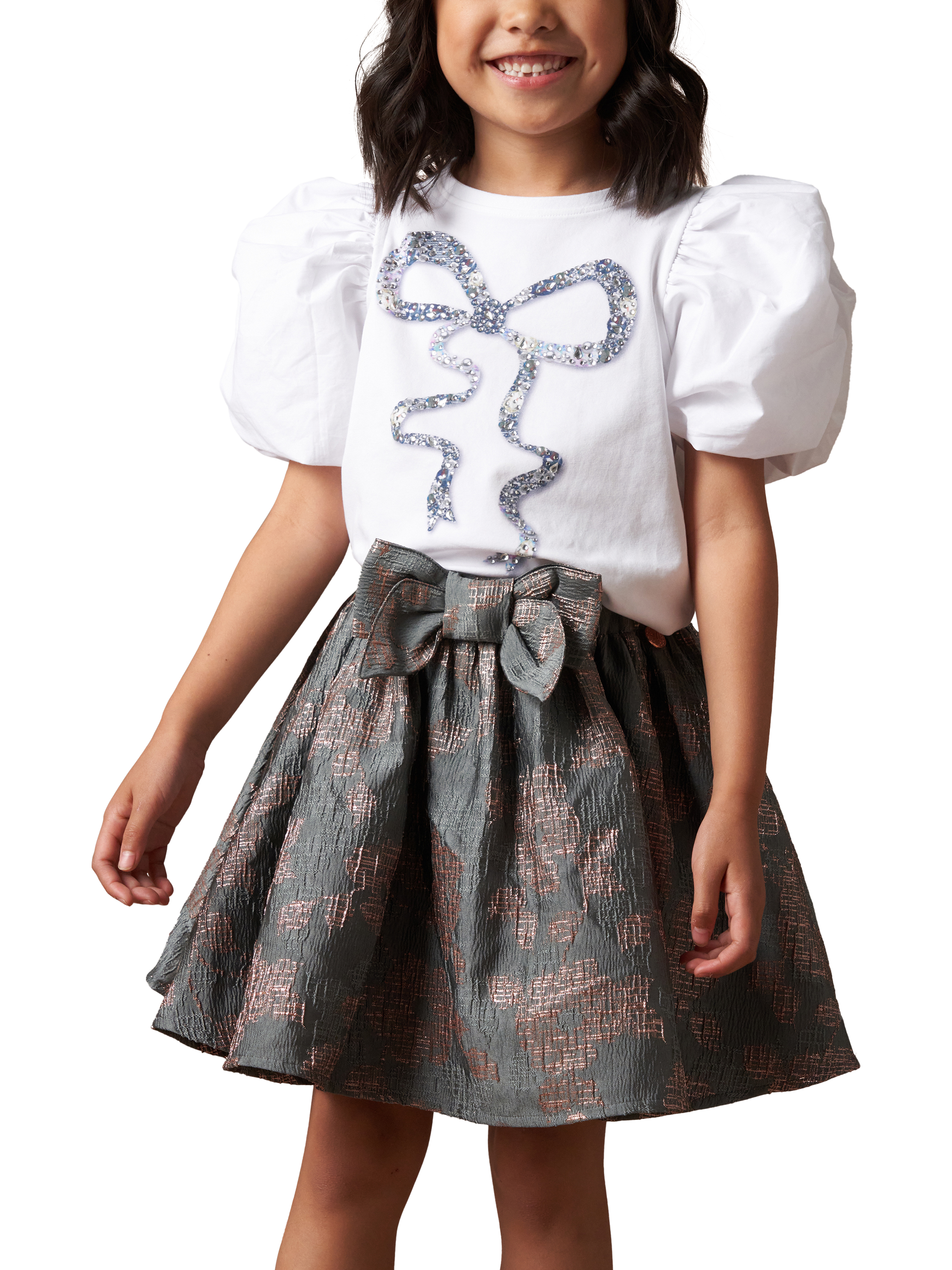 Product image 1 of 6, which shows Angel & Rocket Kids' Aofie Diamante Bow T-Shirt, White, 3-4 years