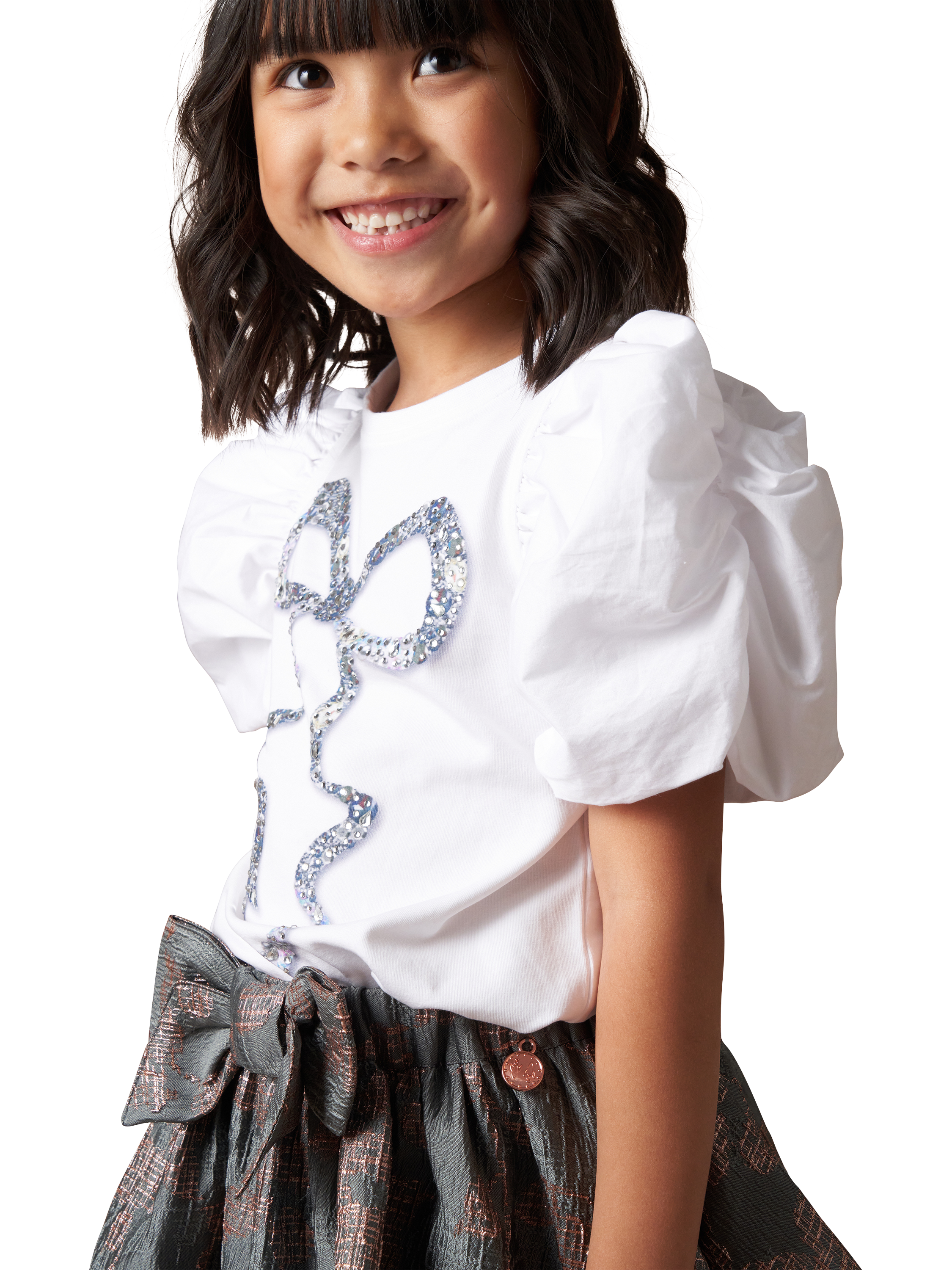 Product image 2 of 6, which shows Angel & Rocket Kids' Aofie Diamante Bow T-Shirt, White, 3-4 years